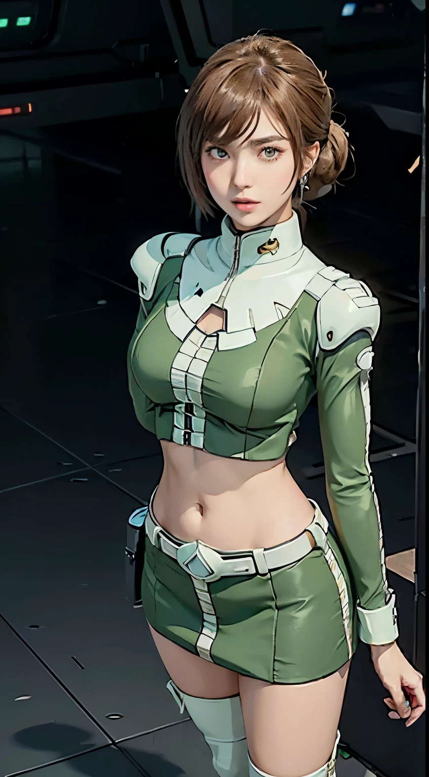 Yuri from The Dirty Pair, , wearing a tight outfit, skimpy, medium breast, (long hair), dark blue hair, beauty, cyberpunk city background, holding retro space-gun, cleavage, slim waist, slim thighs, thigh gap, (light yellow uniform), show belly