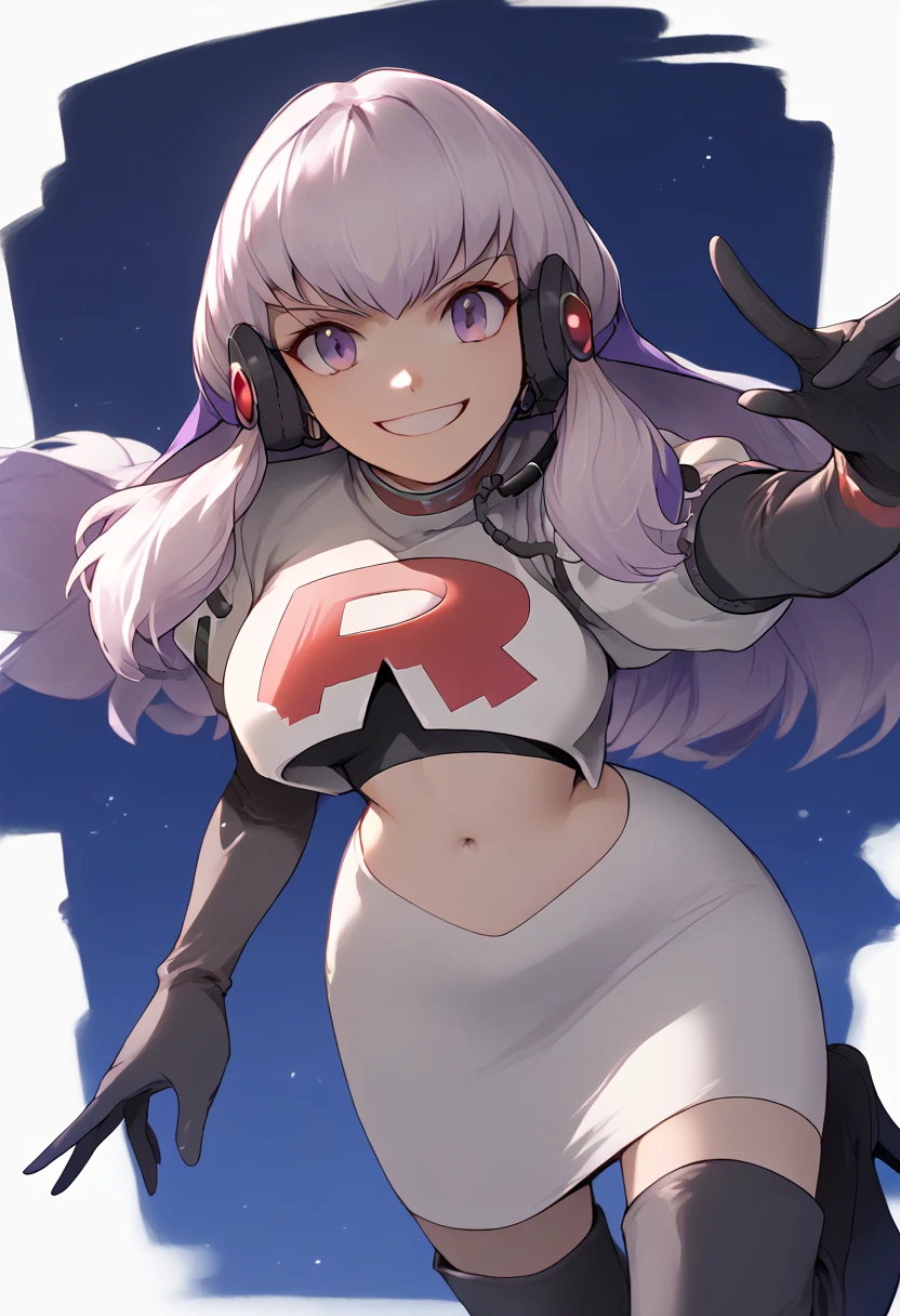 Team rocket, team rocket uniform, red letter R, white skirt,white crop top,black thigh-high boots, black elbow gloves, evil smile, night sky background, headset, large breasts, high-heeled boots, Lysithea Von Ordelia, white hair