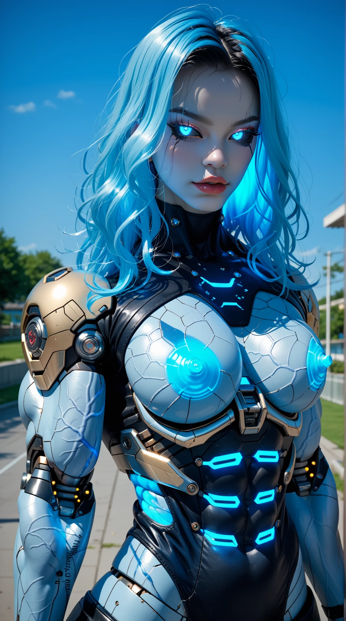 score_9, score_8_up, score_7_up, (1 girl), (asian), beautiful teenage (skinny) muscular goth cyborg girl, (full Cyborg bio-mecha exosuit:1.5), (black sclera:1.5), (blue glowing eyes:1.5), (blue glowing body veins:1.5), ((((extreme muscular hypertrophy:1.25)))), (flat muscular pecs:1.25),  (blue glowing hair:1.25),(beautiful face:1.25), bimbo lips, cowboy shot, gothic neon style, cyber punk style, Stable_Yogis_Scenery_Negatives, Stable_Yogis_Scenery_positives,  Stable_Yogis_PDXL_Positives, Stable_Yogis_PDXL_Negatives