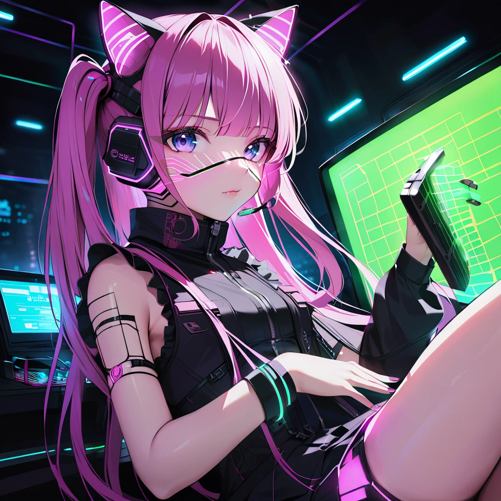 FHD, Full-HD, 4K, 8K, 16K, highres, absurdres,(masterpiece), best quality,1 android girl,solo,14yo,expressive eyes, perfect face,cyberpunk,brown eyes,long hair,straight hair,pink hair,cat ear headphones,(cyberpunk,lolita fashion:1.2),thigh high boots,(through screen:1.4),seductive smile,Green neon lights,indoors Cyberpunk Theater