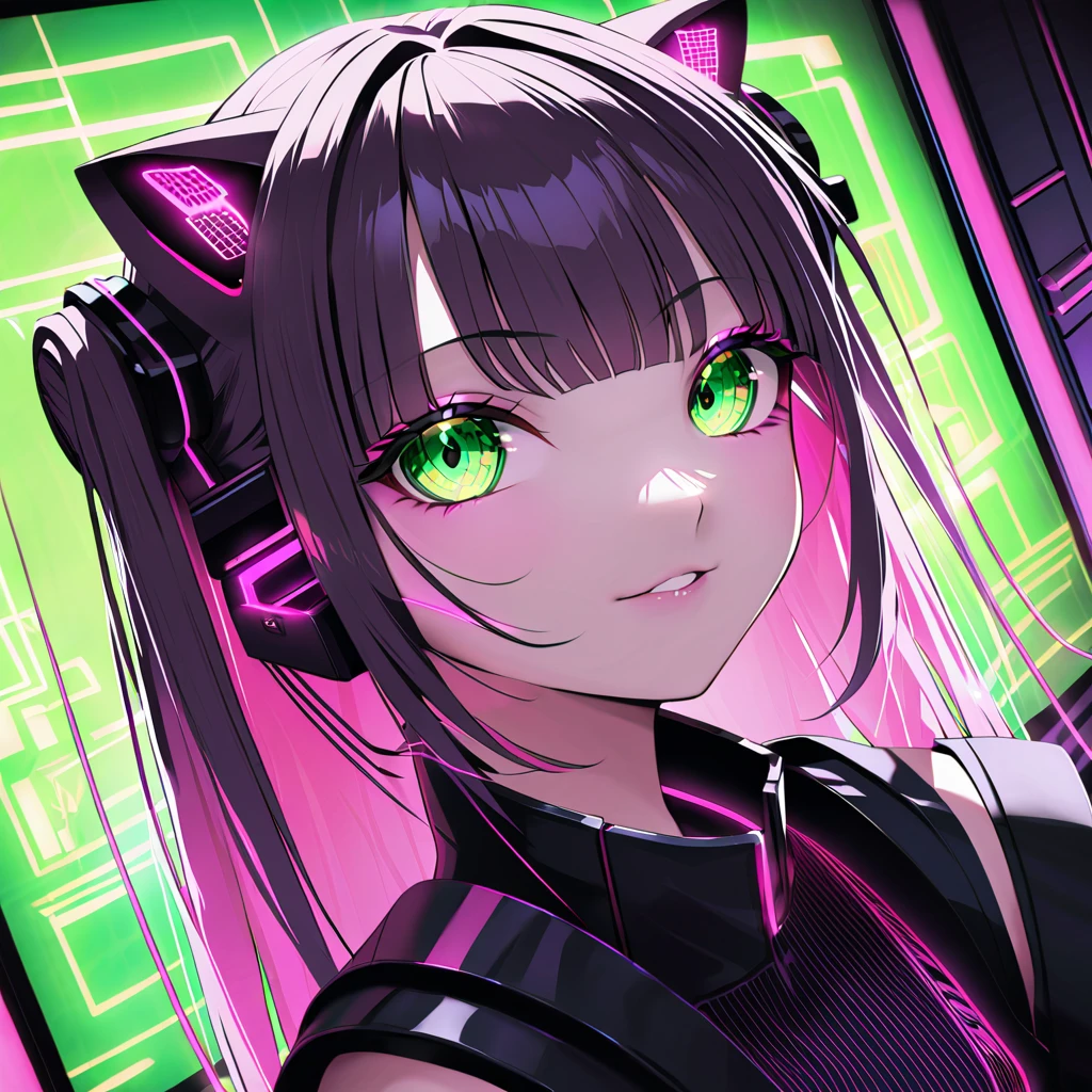 FHD, Full-HD, 4K, 8K, 16K, highres, absurdres,(masterpiece), best quality,1 android girl,solo,,expressive eyes, perfect face,cyberpunk,brown eyes,long hair,straight hair,pink hair,cat ear headphones,(cyberpunk,loliashion:1.2),thigh high boots,(through screen:1.5),seductive smile,Green neon lights,indoors Cyberpunk Theater