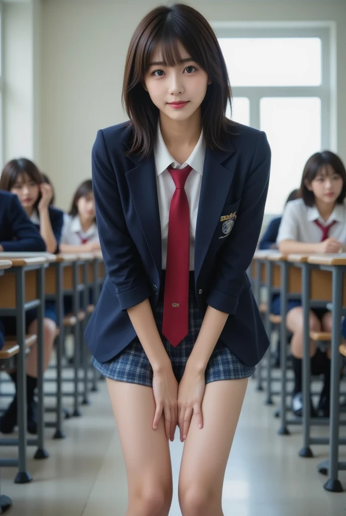  Girl Standing in School Classroom , red tie uniform , Dark Blue Closed Blazer, blue plaid mini skirt,,bangs, Little Smiles ,Thighs,Knee,From below， random pose ， cute girl， slender girl，  Squatting Down