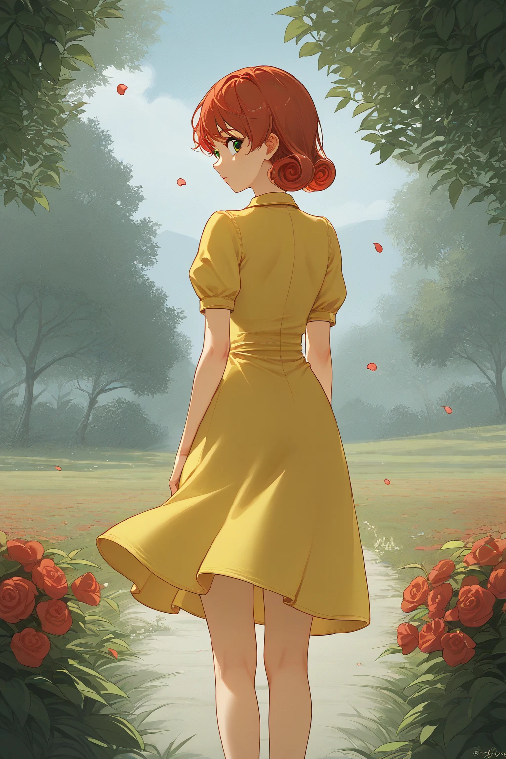 source_anime, score_9, score_8_,  a girl nSpenny Stardew,  green eyes ,  short hair,  red hair , toys,  curly hair, from behind,  yellow dress ,  looking back, spring, cherry petals , Outdoors your ass stands out on the dress,  PERKY ASS  ,  steep,Your dress is glued to the body,sexy,showing white lace panties,dress in the wind