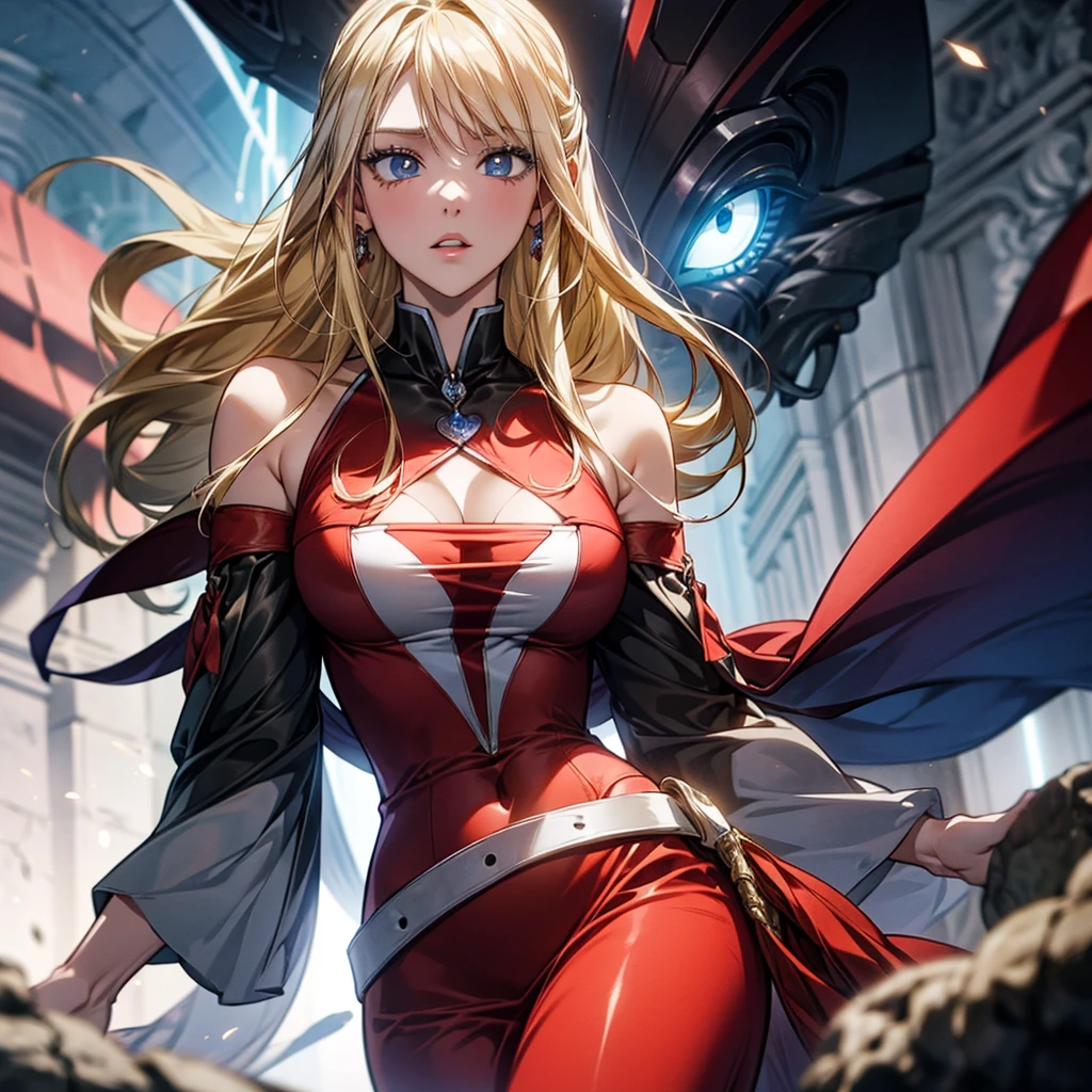 highest quality、Realistic、female、Japanese、zoom、cute、Red glowing eyes、Blonde Hair、long hair、Hero Suit、Shiny bodysuit、universe