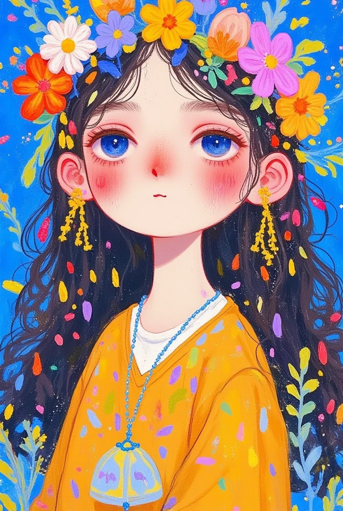 There is a picture of a girl wearing a flower crown on her head, Lovely art style, cute digital art,  cute detailed digital art ,   lovely detailed artwork ,   hand drawn cartoon art style  ,  cute cartoon character ,  lovely artwork ,  Lovely illustrations , Cute digital painting, Lovely portrait,  A beautiful illustration with oil painting texture， Rough Textures , freckles