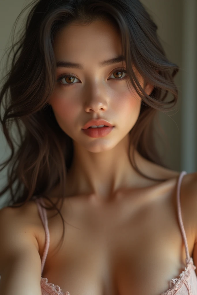1 girl, 18 years old, brunette, long hair, beautiful face, smooth hair, smooth skin, choker, curious eyes, blush, looking at viewer, boobies, bare shoulders, black bra, skinny, fit, ultra high resolution, realistic, UHD
