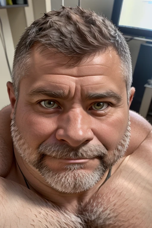 Shirtless fat middle-aged man。I'm looking at an angle just a little。 face up。 bust shot。 looking at the camera。 Details。Precise depiction。 highest resolution。Maximum number of pixels。 Best Picture Quality 。 hyperreal 。 photorealistic 。