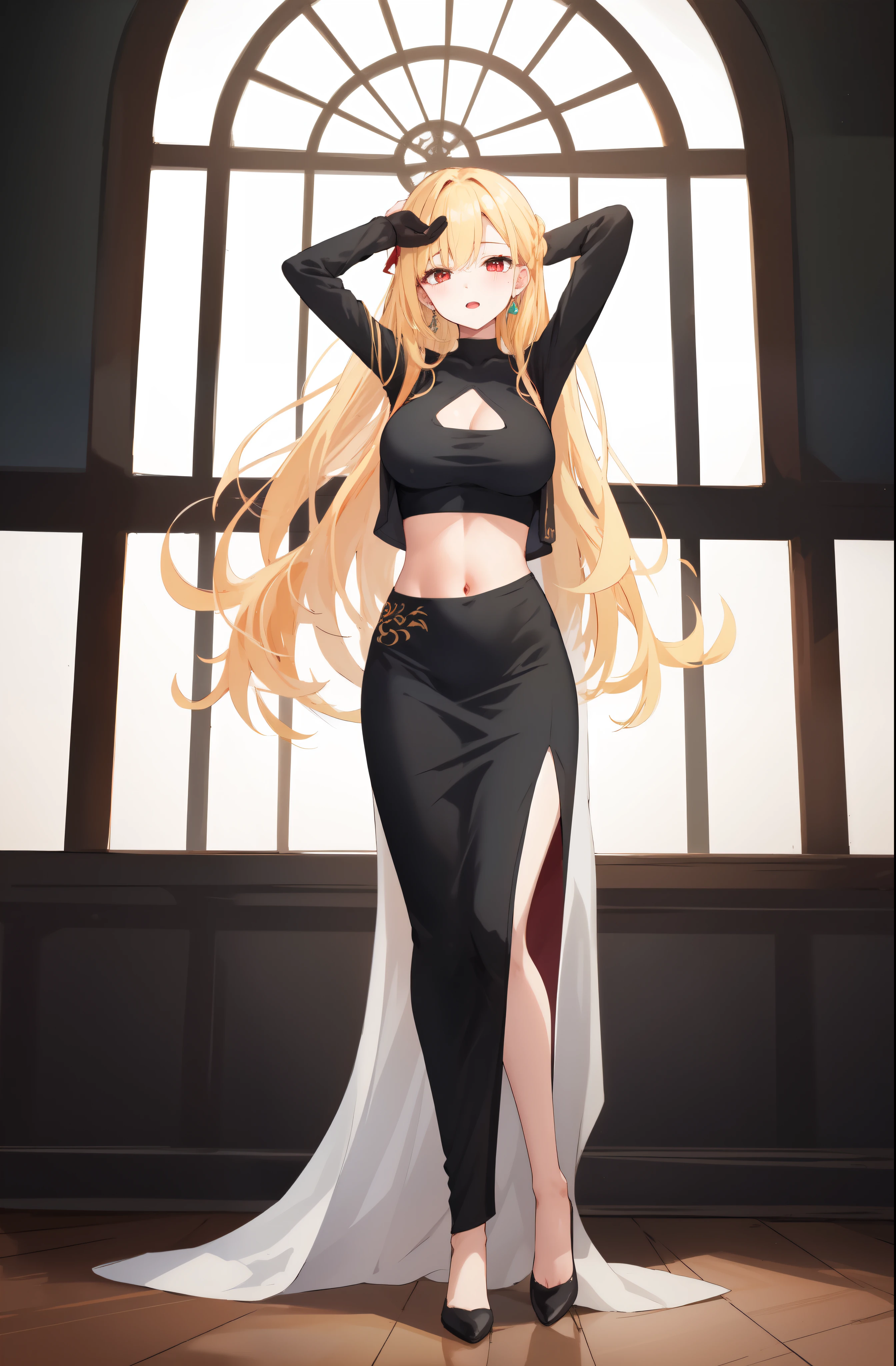masterpiece, dress, black dress, Black dress, Black Dress, dongtan dress, Dongtan dress, Dongtan Dress, black dongtan dress, Black dongtan dress, Black Dongtan Dress, highres, Super detailed, very detailed, highest quality, best quality, super detailed, standing, high quality, high-definition, extremely detailed, mature female, full body drawing, Full body drawing, straight body, slender body, Slender body, Slender Body, (large breasts), (masterpiece), (best quality), (hyperdetail), (illustration), ((extremely delicate and beautiful)), (detailed light), (prefect's body), hanging hand over head, {{{{{long hair, Long hair, Blonde hair, blonde hair, blonde, Blonde, Red eye, red eye, Red Eye, binyeo, Binyeo}}}}}, sexy, sexy belly line