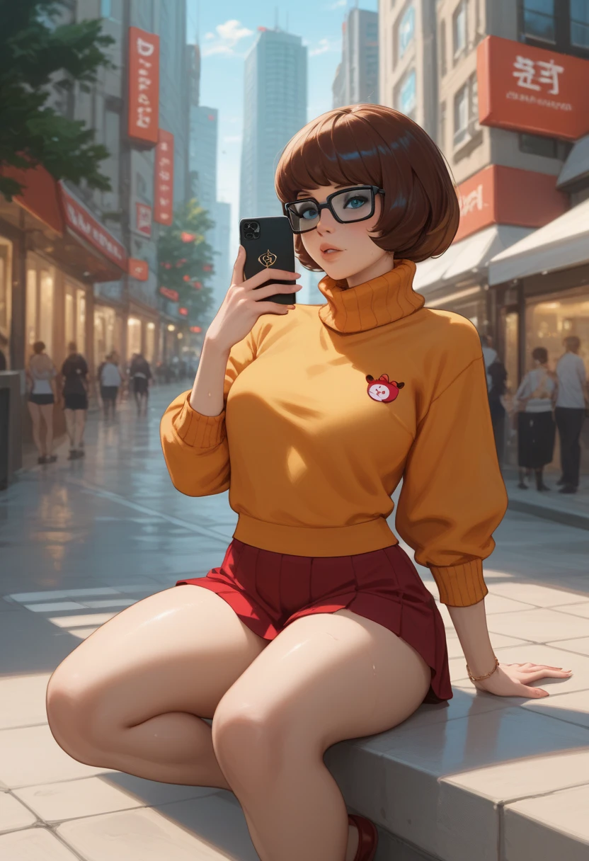 a beautiful woman velma dinkley hair style sitting  outdoors urban city wearing mini skrit  showing big as horny faces tatto holding smartphone her hands sexy pose horny sweating