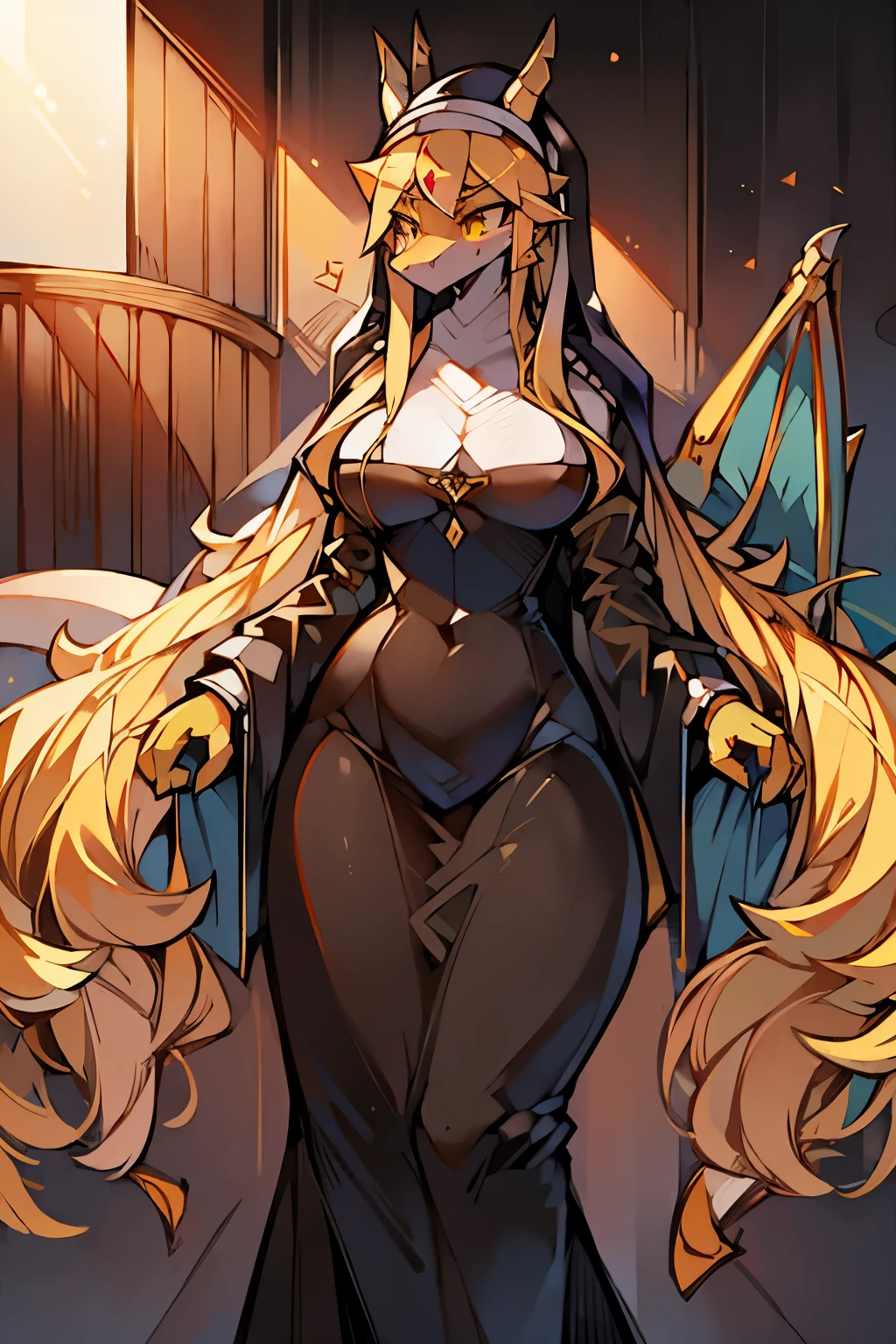 (masterpiece, best quality, high resolution, ((full body, standing)), ((big breasts)) a fantasy cat, very long golden hair, with cat ears, golden cat tail, hands and feet with claws, fantasy clothing, black, ((dark skin)), full body, smile