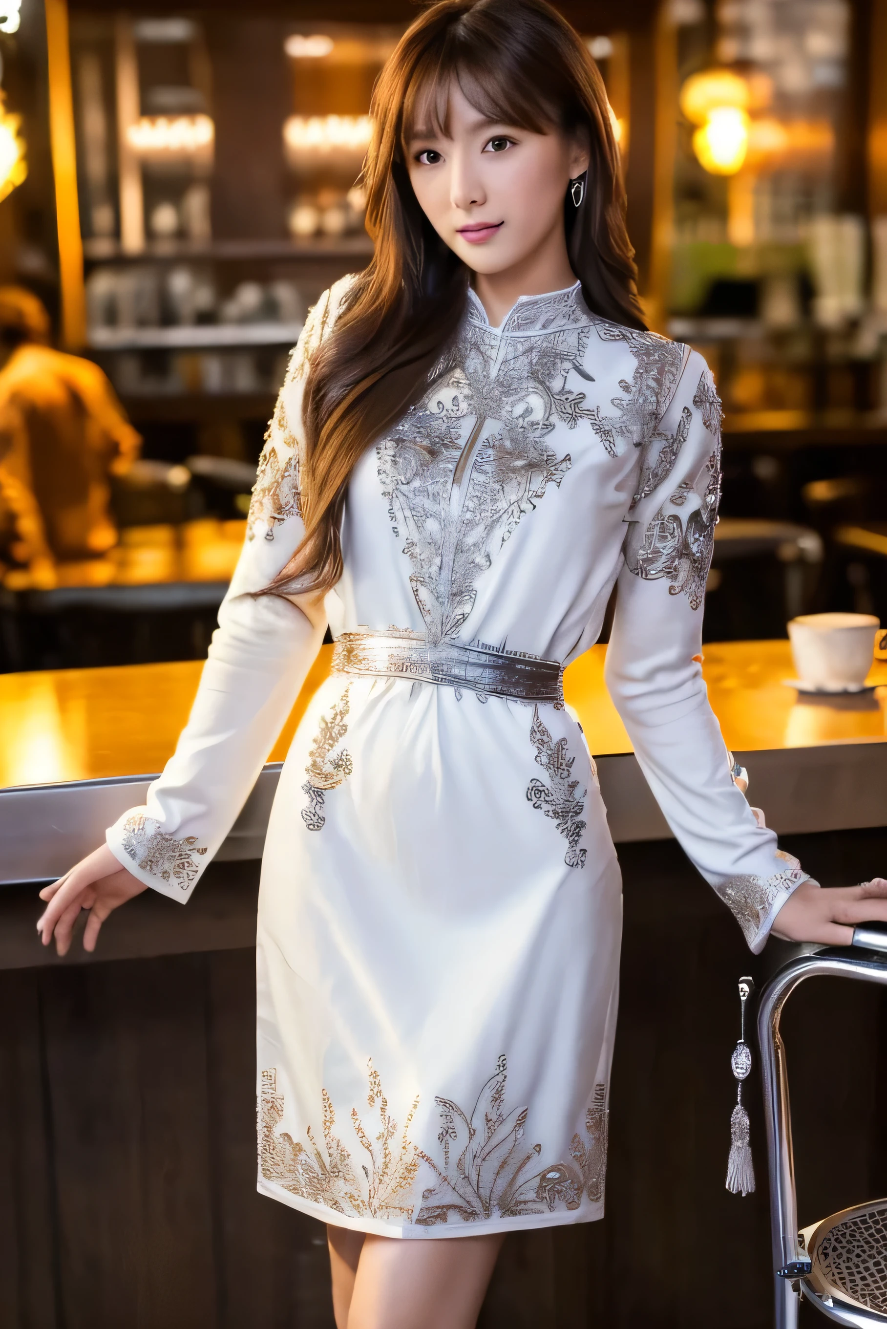 In this cinematic portrait, an elegant Indian model stands poised, dressed in a sophisticated ((copper brown kurti))with intricate floral patterns. The kurti features a ((round neckline))with a subtle front slit, elbow-length sleeves, and a straight cut that falls just below the knee with side slits for ease of movement. She pairs it with stylish white ((strappy heels)), adding a modern twist to her traditional outfit.
The model's posture is confident and graceful, with one ((hand resting on her hip))and the other holding a chic ((white tote bag)). Her soft smile and engaging eyes create a captivating connection with the viewer. The dark background and expert use of rim lighting highlight her silhouette, while key lights accentuate the rich textures and details of the kurti. The interplay of light and shadow adds depth and dimension, creating a timeless and elegant ambiance. This cinematic lighting effect enhances the model's natural beauty and the sophisticated charm of her attire.