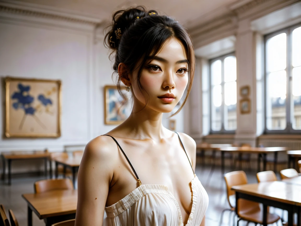 00173R, a Franco-Japanese-American character, is posing for a live model class in Paris, France. The setting is an art classroom in a prestigious Parisian art school. She showcases her French identity and heritage, dressed in modern haute couture fashion that reflects Parisian elegance. The classroom is filled with art students sketching her. The atmosphere is sophisticated and artistic, typical of a Parisian art school. Her pose should be elegant and confident, embodying the essence of a live model in a high-end art setting.