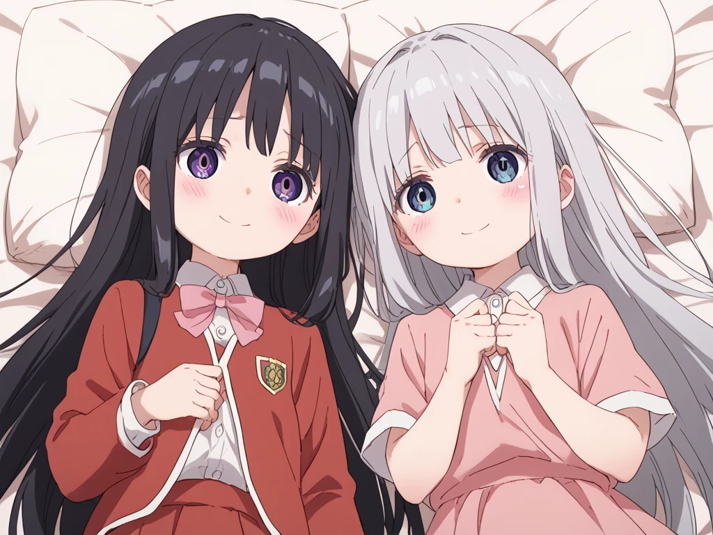 2girls, lie on back, on bed, from above
BREAK
カンナカムイ,silver hair, long hair, Pink ruffled dress , smile, happy
BREAK
化野乙,black hair, long hair,  school uniform, shy, blush