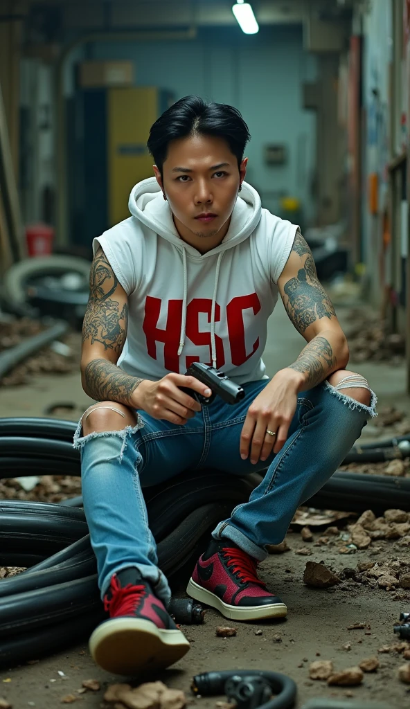 36-year-old male, A very realistic and gritty photo of a very handsome Korean man with short, trendy hair, with a serious expression. He was tattooed and wearing a white T-shirt that said "HSC," a blood-stained sleeveless hoodie, red and black sneakers and ripped jeans. The man was sitting on a coil of cable, with an unconscious enemy at his feet in a rundown factory. The environment is filled with graffiti, trash and an eerie atmosphere. The man holds a gun in his right hand, and the picture is taken with super bokeh and cinematic effects, featuring a high level of detail and HD quality., cinematic, photo Less, photo, cinematic, attractive mafia leader, yakuza, with a hot and introverted personality, jojo, high detail, detail eyes, hyper realistic, (photorealism:1.2), Black hair with gray Sporadic,