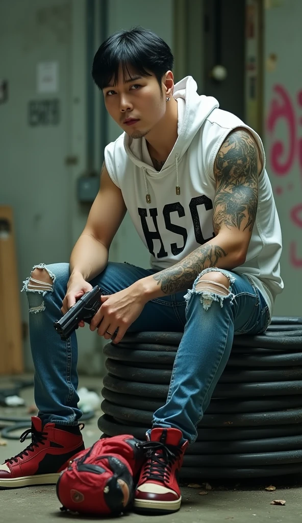 36-year-old male, A very realistic and gritty photo of a very handsome Korean man with short, trendy hair, with a serious expression. He was tattooed and wearing a white T-shirt that said "HSC," a blood-stained sleeveless hoodie, red and black sneakers and ripped jeans. The man was sitting on a coil of cable, with an unconscious enemy at his feet in a rundown factory. The environment is filled with graffiti, trash and an eerie atmosphere. The man holds a gun in his right hand, and the picture is taken with super bokeh and cinematic effects, featuring a high level of detail and HD quality., cinematic, photo Less, photo, cinematic, attractive mafia leader, yakuza, with a hot and introverted personality, jojo, high detail, detail eyes, hyper realistic, (photorealism:1.2), Black hair with gray Sporadic,