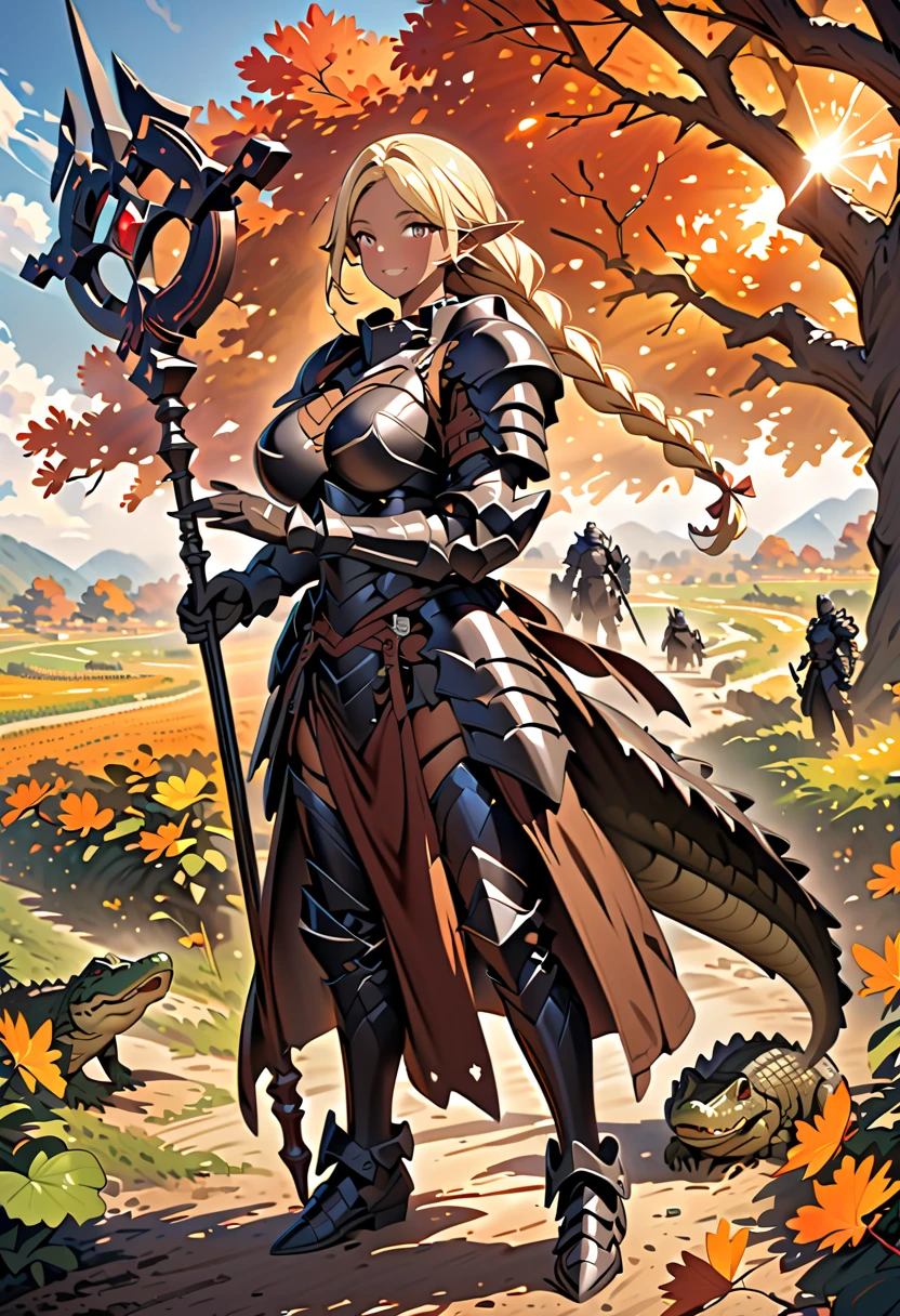 ( Best Quality 、 Detailed Image 、Beautiful pictures、 Official Image )、( Autumn Field )、( Model Body Type、 blonde、Long Braid 、Pointed ears、 huge breasts 、Brown skin)、(Calm smile )、(Cross your arms)、(Black heavy armor 、 Black Full Body Armor 、 black gloves、Gator 、staff、 Black Plate Armor )、