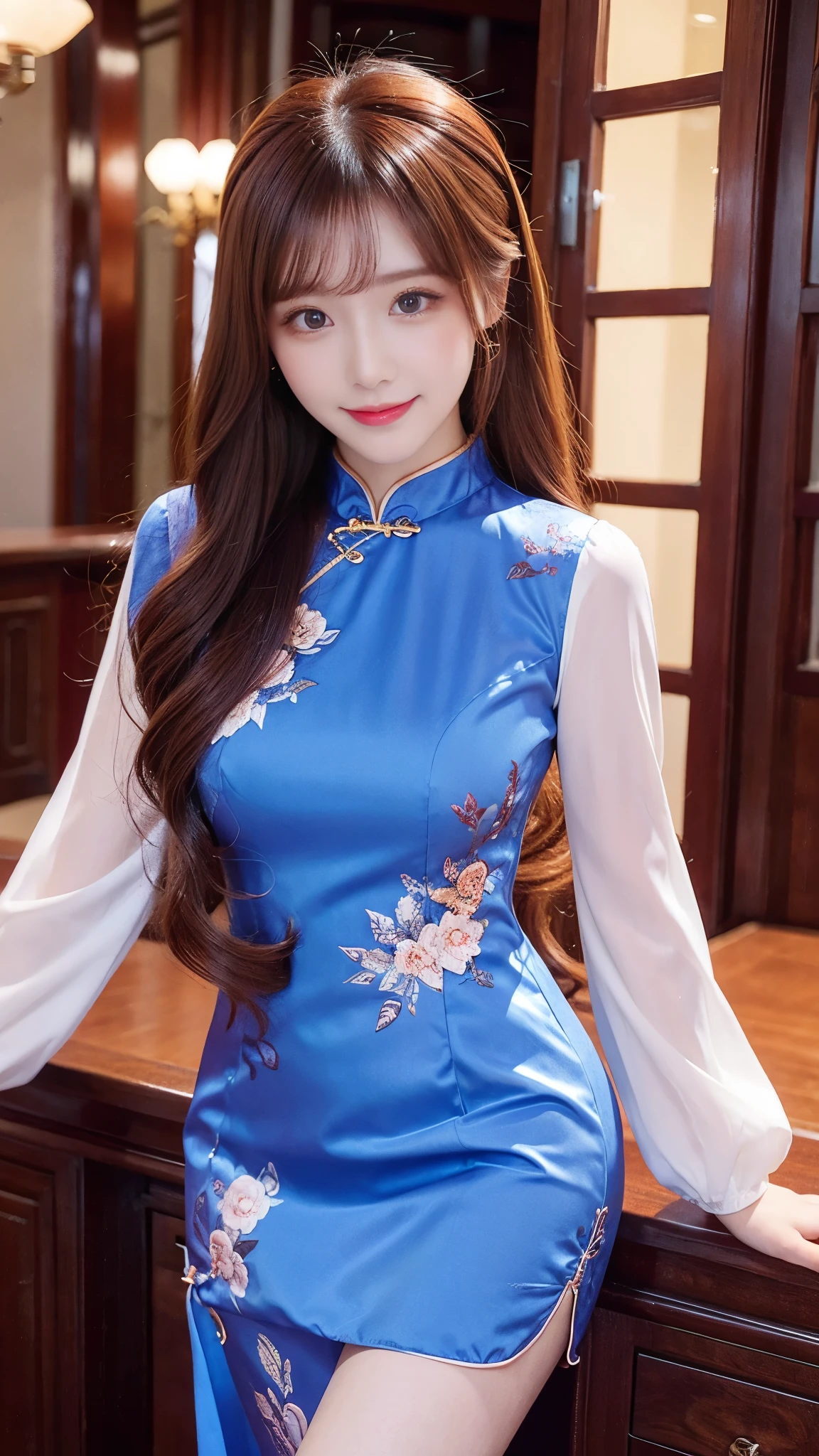 beautiful woman, Chestnut hair , Beautiful Eyes , Smile, Actual , Full HD, very beautiful dress ,Fluffy dress , curved body,Magnificent view ,Gorgeous decoration,cheongsam,中国发髻,Clothes with split ends