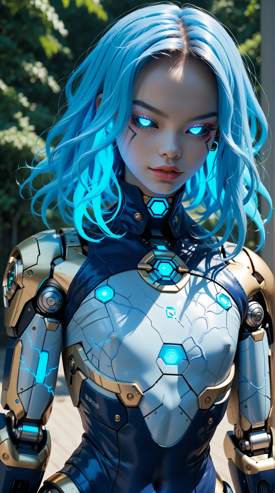 score_9, score_8_up, score_7_up, (1 girl), (asian), beautiful teenage (skinny) muscular goth cyborg girl, (full Cyborg bio-mecha exosuit:1.5), (black sclera:1.5), (blue glowing eyes:1.5), (blue glowing body veins:1.5), (flat chest:1.25), (blue glowing hair:1.25), (beautiful face:1.25), bimbo lips, cowboy shot, gothic neon style, cyber punk style, Stable_Yogis_Scenery_Negatives, Stable_Yogis_Scenery_positives,  Stable_Yogis_PDXL_Positives, Stable_Yogis_PDXL_Negatives