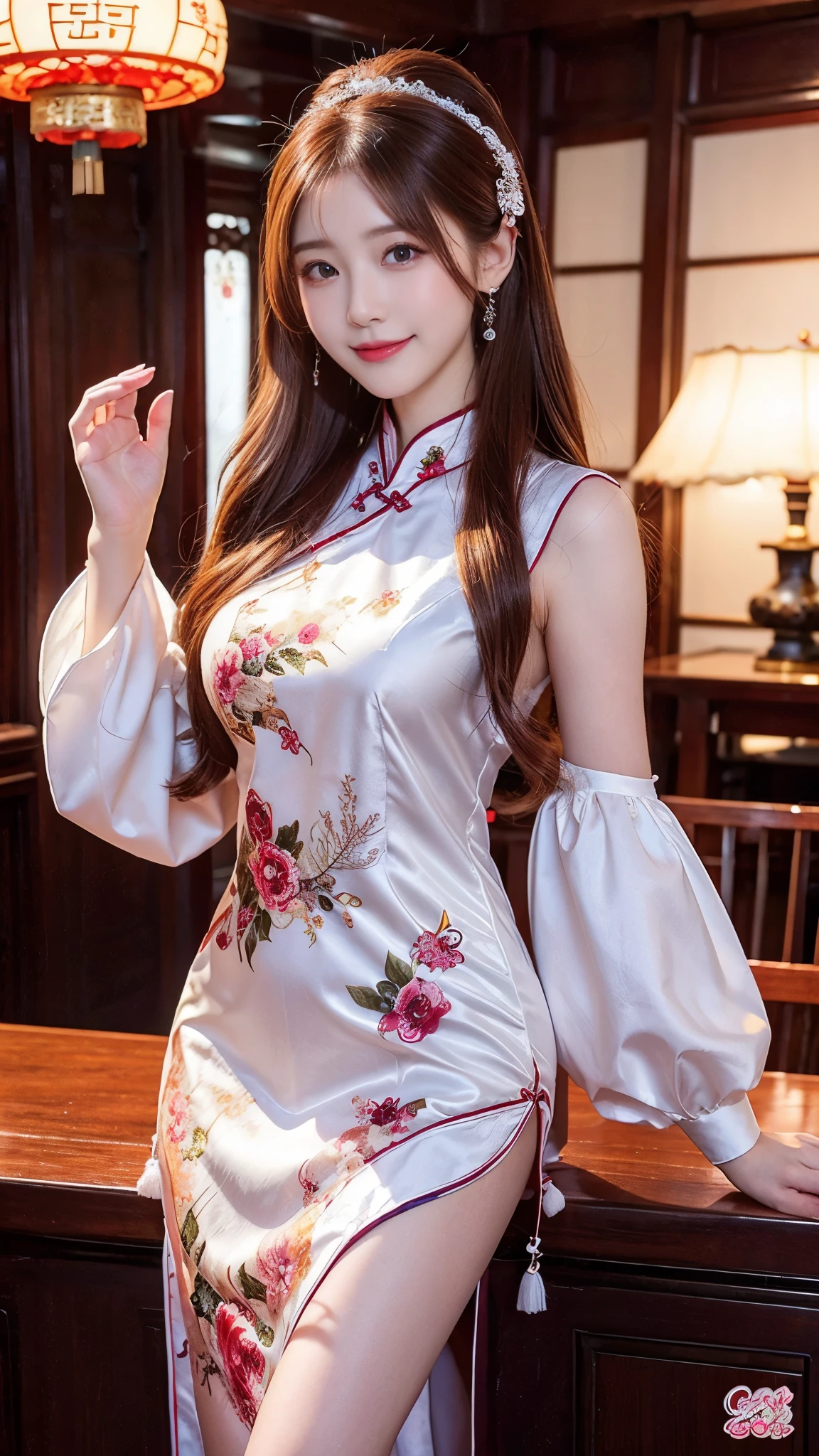   beautiful woman,     Chestnut hair    ,     Beautiful Eyes ,   Smile,  Actual , Full HD,   very beautiful dress  ，Fluffy dress ， curved body，Magnificent view ，Gorgeous decoration，cheongsam，中国发髻