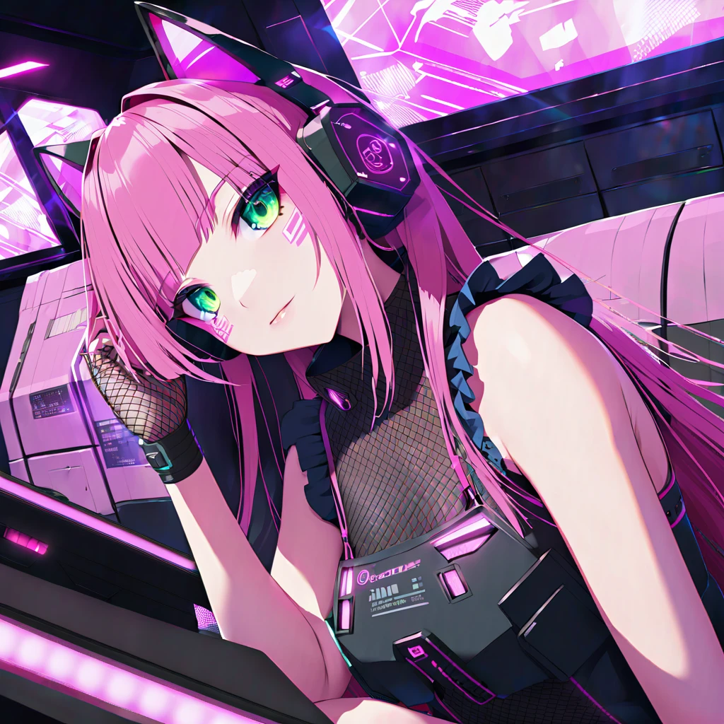 (8K, best quality, master piece:1.2),super high resolution,cyberpunk,absurdres,1 android girl,solo,**yo,expressive eyes, perfect face,cyberpunk,brown eyes,long hair,straight hair,pink hair,cat ear headphones,(cyberpunk,lolita fashion:1.2),(lying face down:1.2),(through screen:1.5),seductive smile,looking at iewer,Green neon lights,indoors Cyberpunk Theater