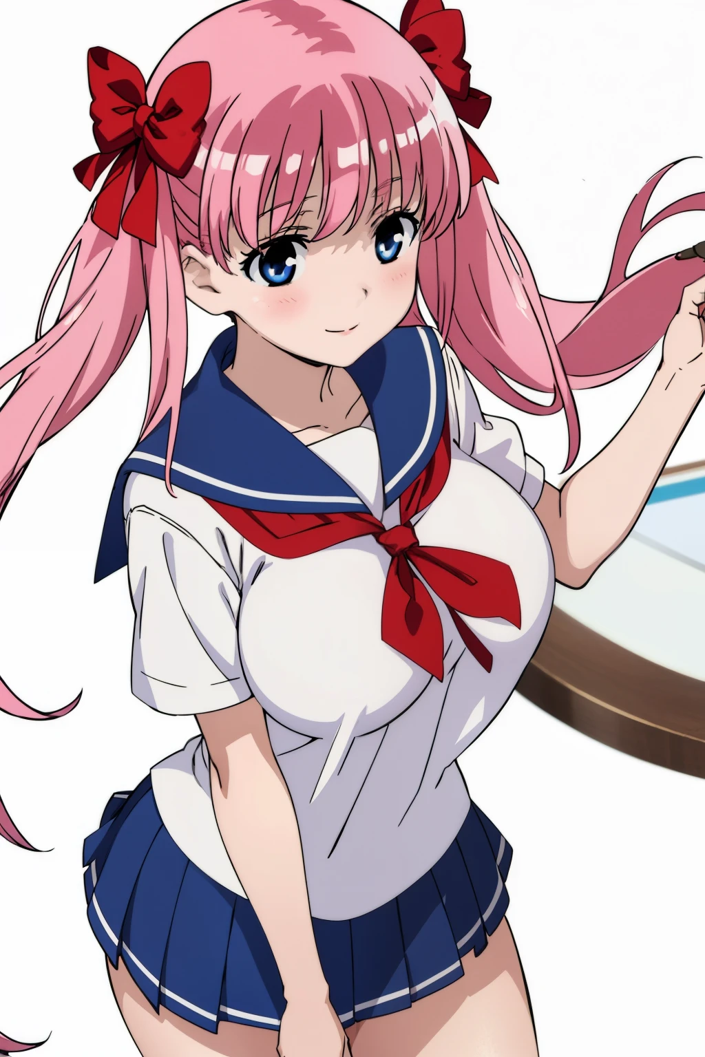 anime screencap, big tits, thick, look at viewer, masterpiece, best quality, high resolution, 2D, anime cels, best quality, high resolution, 1girl, nodoka, sailor uniform, blue, short skirt, white background, twintail hair, hair ribbon,  smile, looking away, 