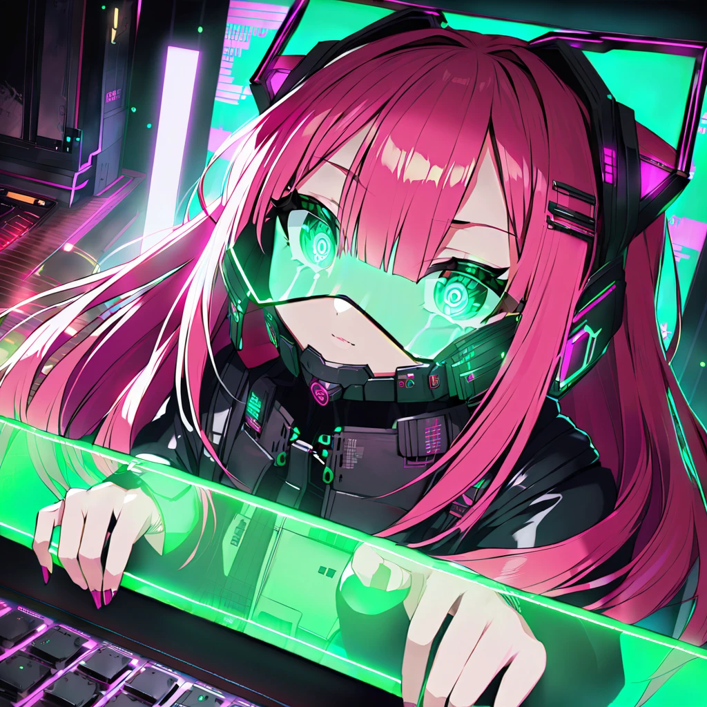 (8K, best quality, master piece:1.2),super high resolution,cyberpunk,absurdres,1 android girl,solo,14yo,expressive eyes, perfect face,brown eyes,long hair,straight hair,red hair,cat ear headphones,(cyberpunk,lolita fashion:1.2),(lying face down:1.2),(through screen:1.5),seductive smile,looking at iewer,Green neon lights,indoors Cyberpunk Theater