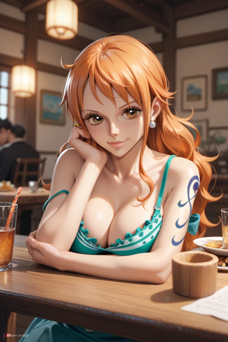 a cartoon picture of a woman in a bikini top and jeans, nami one piece, nami from one piece, nami, beautiful portrait of nami, from one piece, oppai, blue eyes, smoking, ponytail