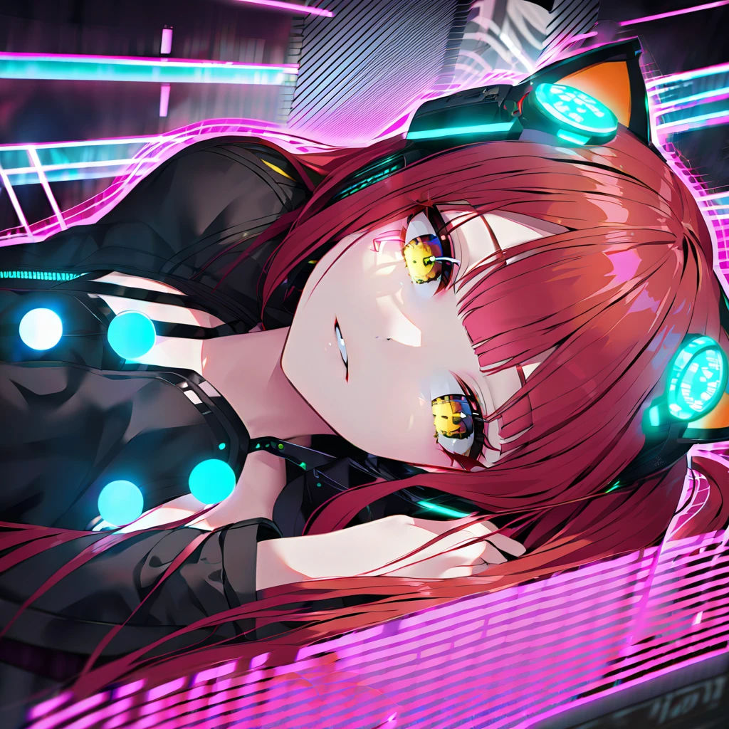 (8K, best quality, master piece:1.2),super high resolution,cyberpunk,absurdres,1 android girl,solo,14yo,expressive eyes, perfect face,brown eyes,long hair,straight hair,red hair,cat ear headphones,(cyberpunk,lolita fashion:1.2),(lying face down:1.2),(through screen:1.5),seductive smile,looking at iewer,neon lights,indoors Cyberpunk Theater