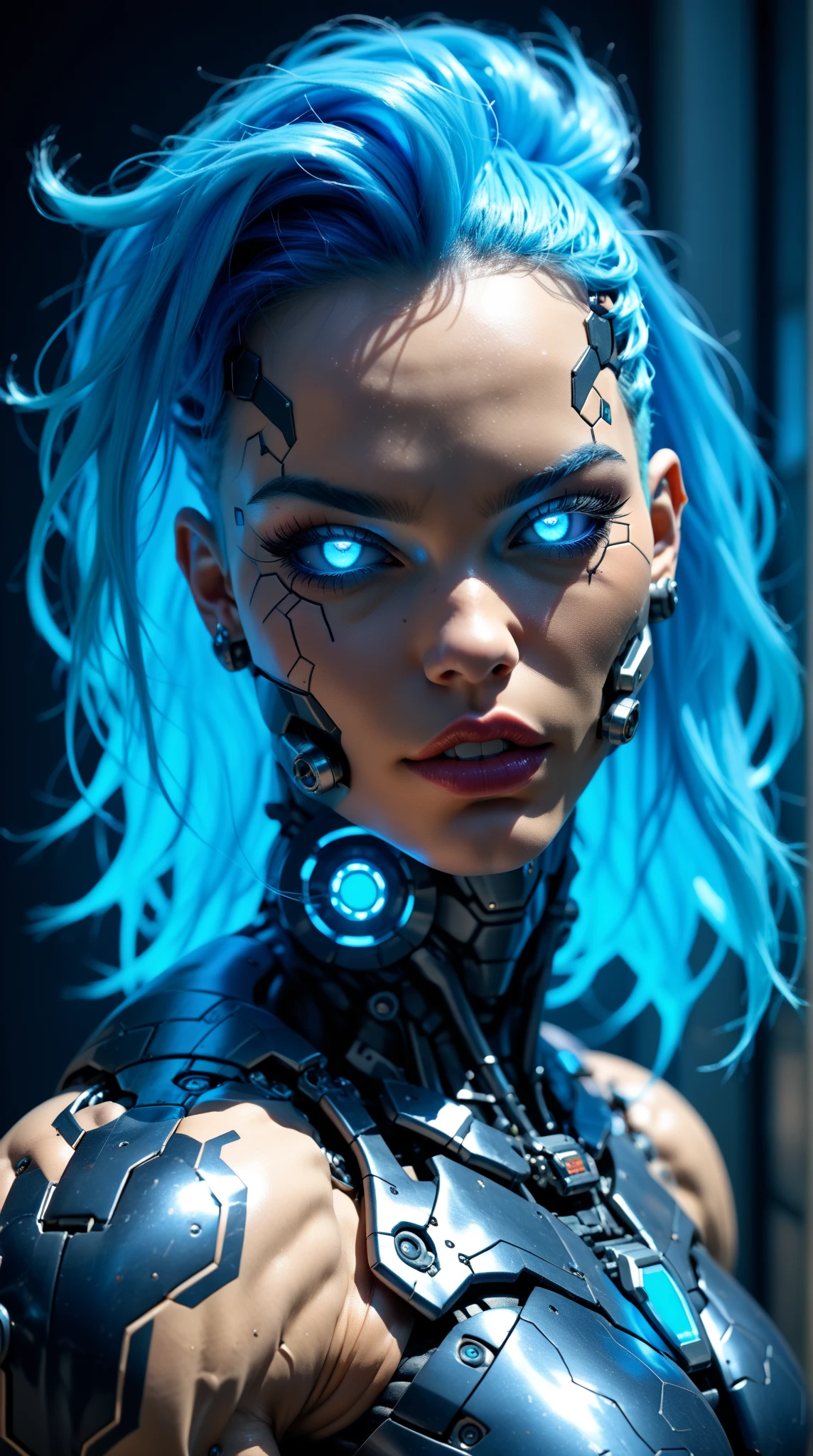 score_9, score_8_up, score_7_up, (1 girl), (asian), beautiful teenage (skinny) muscular goth cyborg girl, (full Cyborg bio-mecha exosuit:1.5), (black sclera:1.5), (blue glowing eyes:1.5), (blue glowing body circuits:1.5), ((((extreme muscular hypertrophy:1.25)))), (flat muscular pecs:1.25),  (blue glowing hair:1.25),(beautiful face:1.25), bimbo lips, cowboy shot, gothic neon style, cyber punk style, Stable_Yogis_Scenery_Negatives, Stable_Yogis_Scenery_positives,  Stable_Yogis_PDXL_Positives, Stable_Yogis_PDXL_Negatives