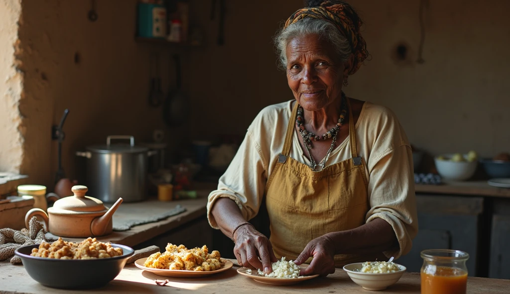 elderly, a corpulent black woman wearing a white blouse and skirt, with a white cloth on her head, holding a white porcelain basin of mashed herbs, in a humble clay backyard.