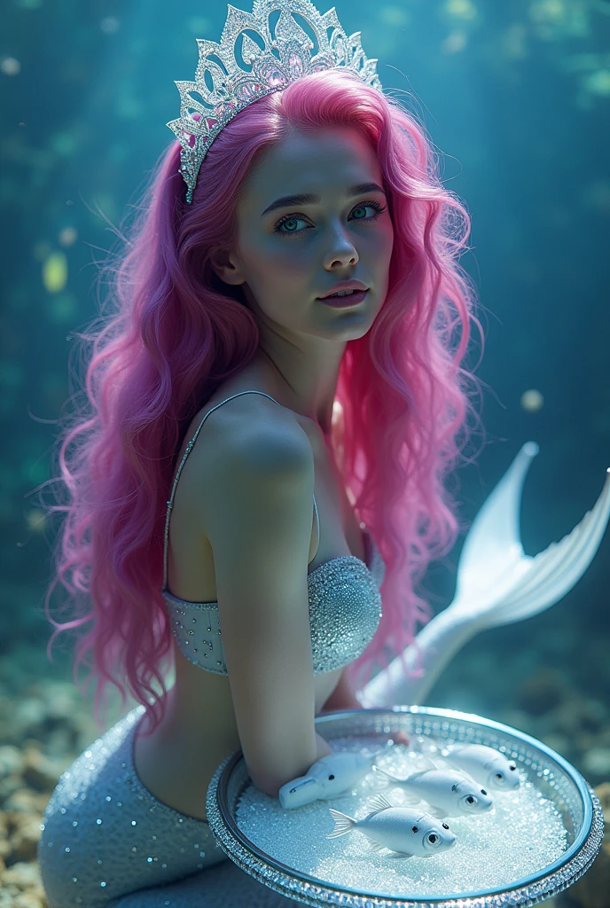 high quality full length portrait, underwater RAW photo of a slim young woman mermaid swimming, wet hair, photorealistic, dramatic, beautiful face, highly detailed facial features, very pretty, perfect face, well formed facial features, smooth glowing pink skin, flowing pink hair, mermaid tail with iridescent scales , small breasts, perfectly formed breasts, sea shell bra, iridescent make up, jewelled tiara, jewelry, underwater, fish, bubbles, filtered sunlight, strong light, perfect hands, realism, accurate hands, accurate face, symmetrical body, erotic, sensual, detailed textures, coiled arm band, bracelets, ultra high pixel detail, cinematic, intricate, cinematic light, concept art, art station, realistic, movie scene, cinematic, high quality, craig mullins and wayne barlowe style, full colors, incredibly detailed, 4k, 8k,
