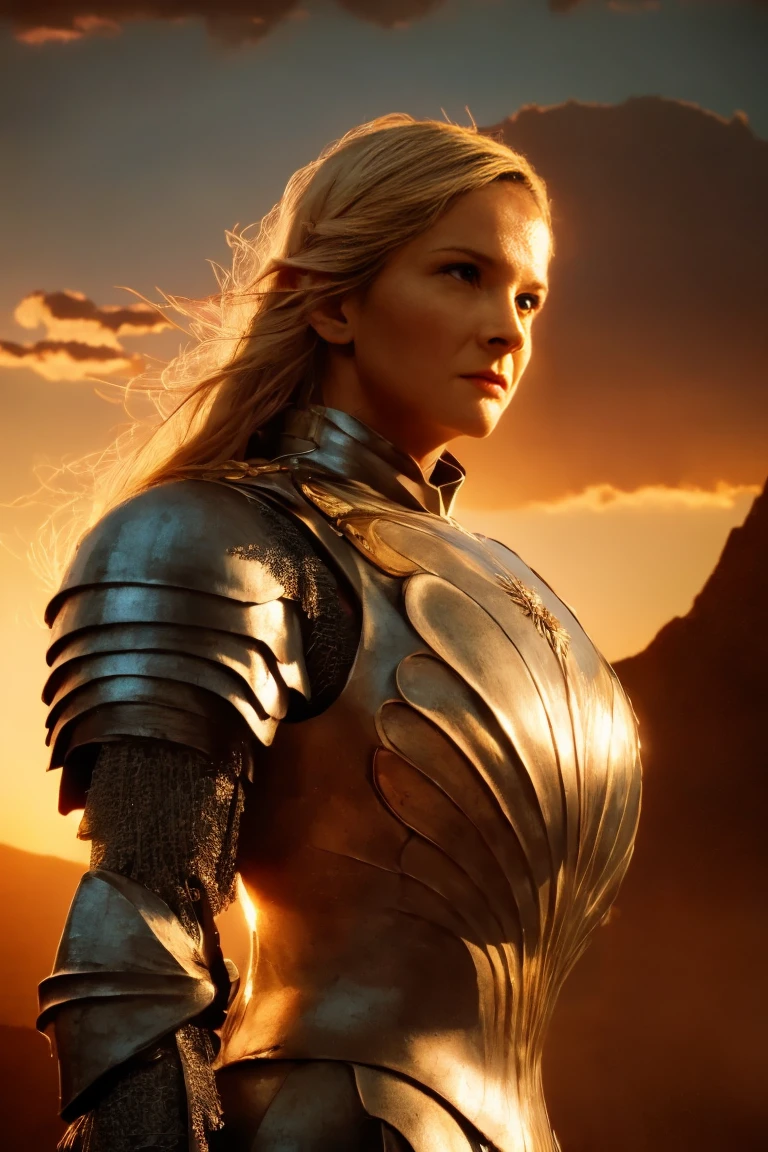 Galadriel, inspired by the series "The Rings of Power", (((L4L4 face))),  in a majestic pose at the center of the scene ,  wearing shimmering armor and elven details,  with its blond hair flowing under a golden light .  The background shows an epic landscape of golden Middle Earth ,  with distant mountains ,  dramatic sky and beams of heavenly light .  Determined expression and intense gaze ,  capturing your strength and wisdom .  Hyper-realistic details on the face and hands ,  metal texture of the highly detailed armor ,  skin illuminated with perfection ,  cinematic atmosphere , epic and glorious . natural light, 35mm photograph, film, professional, 4K, highly detailed, Golden hour lighting. Depth of field F2. Rule of Thirds Composition.
