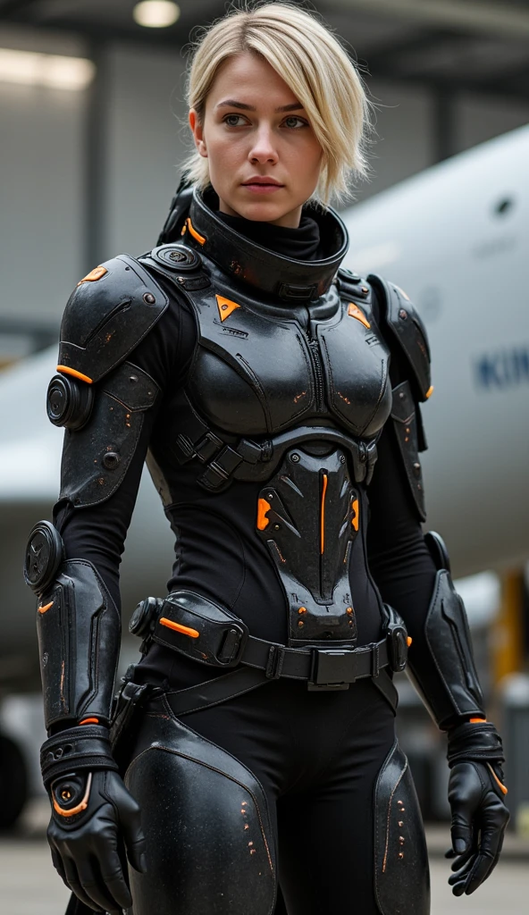 Precise face depiction, female cyborg, energy is nuclear fusion, body is made of metal, some artificial skin, appearance is close to human, metal parts are also exposed, instruments on the chest, interfaces on the arms, beauty, Japan person, (((full body: 1.2)))), (body emits light)