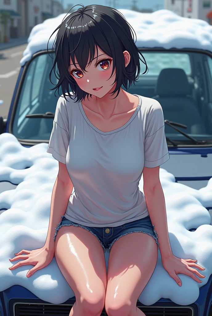 sajouayaka, black hair, short hair, Blue eyes , large breasts, , , empty eyes , large breasts, nipple, , Peeing, lactation, projectile lactation, CAR shop, frozen, wet, crying ,, Naked, , (1girl) ,solo