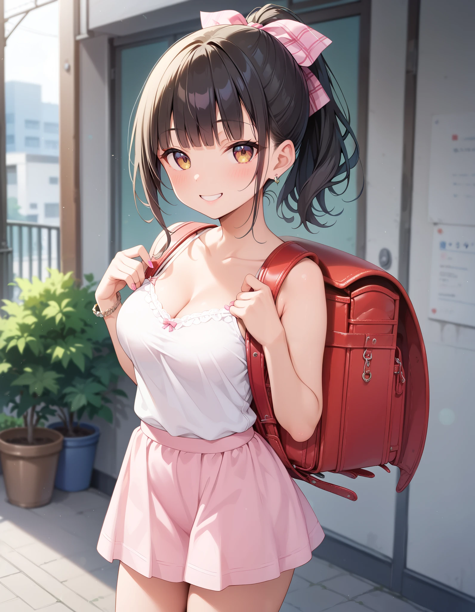 Masterpiece, hd, best quality, 1girl, gyaru,, ponytail, hair ribbon, black hair, medium hair,blunt bangs, short dress,smile,blush, wearing randoseru backpack,red backpack,medium breasts,camisole standing, outdoor