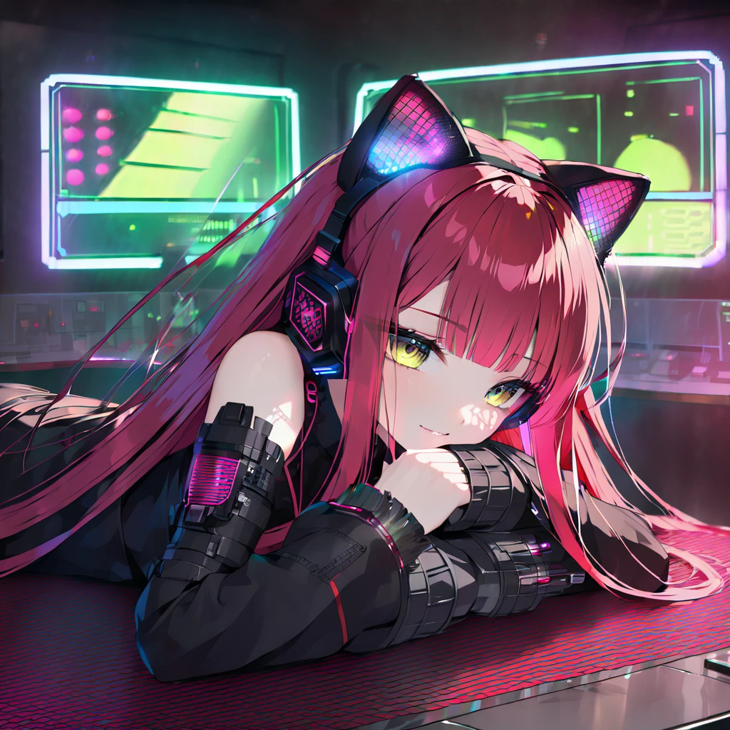 (8K, best quality, master piece:1.2),super high resolution,cyberpunk,absurdres,1 android girl,solo,14yo,ultra-detailed face,ultra-detailed eyes,,brown eyes,long hair,straight hair,red hair,cat ear headphones,(cyberpunk,lolita fashion:1.2),(lying face down:1.2),(through screen:1.5),seductive smile,looking at iewer,neon lights,indoors Cyberpunk Theater