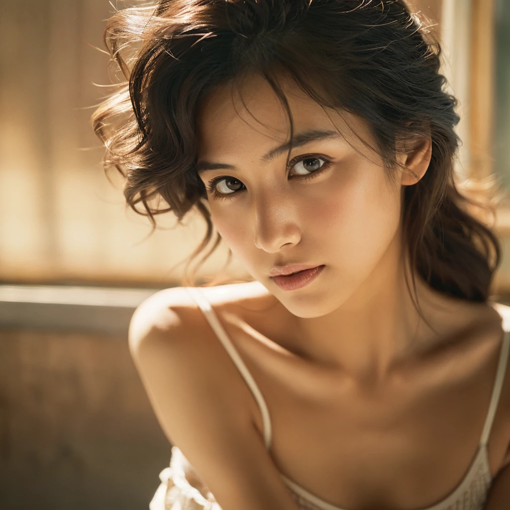 (realistic:1.3), finely detailed, quality, rembrandt lighting, (masterpiece:1.2), (photorealistic:1.2), (best quality), (detailed skin:1.3), (intricate details), dramatic, ray tracing, 1girl, japanese girl, 21 years old, detailed skin texture, (blush:0.5), (goosebumps:0.5), subsurface scattering, smiling, medium breasts, short hair curls, bangs, hair between eyes, from outside window, leaning forward, (bright sunny day), <lora:from_outside_window:1.2>