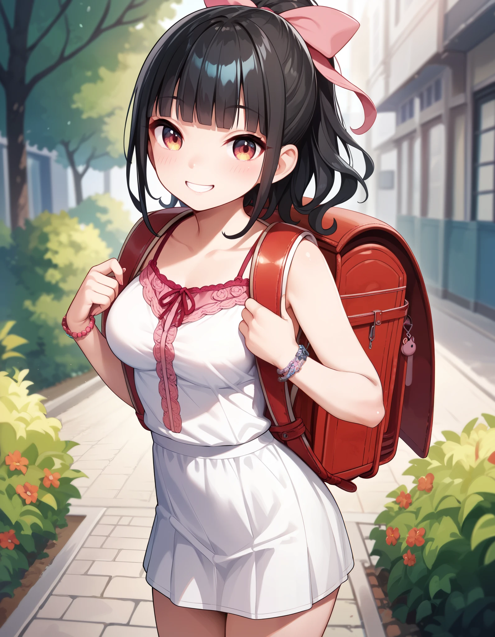 Masterpiece, hd, best quality, 1girl, gyaru,, ponytail, hair ribbon, black hair, medium hair,blunt bangs, short dress,smile,blush, wearing randoseru backpack,red backpack,medium breasts,camisole standing, outdoor 