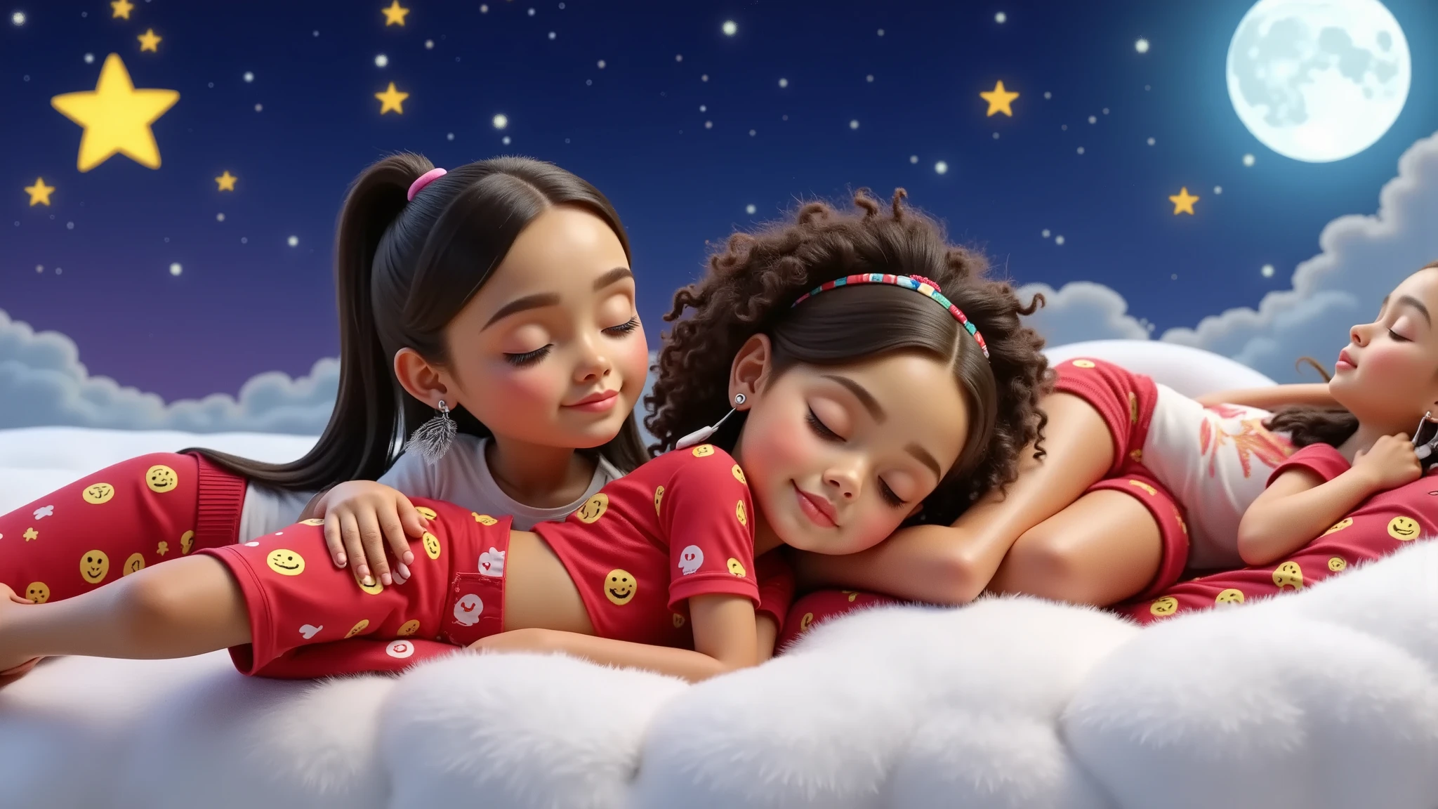 A 3D rendering of three Disney Pixar-style s sleeping in Christmas-themed pajamas. The pajamas are red with yellow emojis. The boy is in the center, between two girls who are using his chest as a pillow, the boy. The boy has very light brown curly hair and sun-tanned skin. On the left side we have a girl with straight black hair down to her waist and wearing a colorful feather earring, she is Brazilian Indian. The second girl has long black curly hair tied in two ponytails. The boy and the girls are beautiful, sensual, and seductive, they are certainly all sleeping peacefully, with their eyes closed with a slight smile and are leaning against each other. The background contains a bright star, a full moon and a sky full of stars. The babies are lying on white clouds. The image is high resolution and high quality.