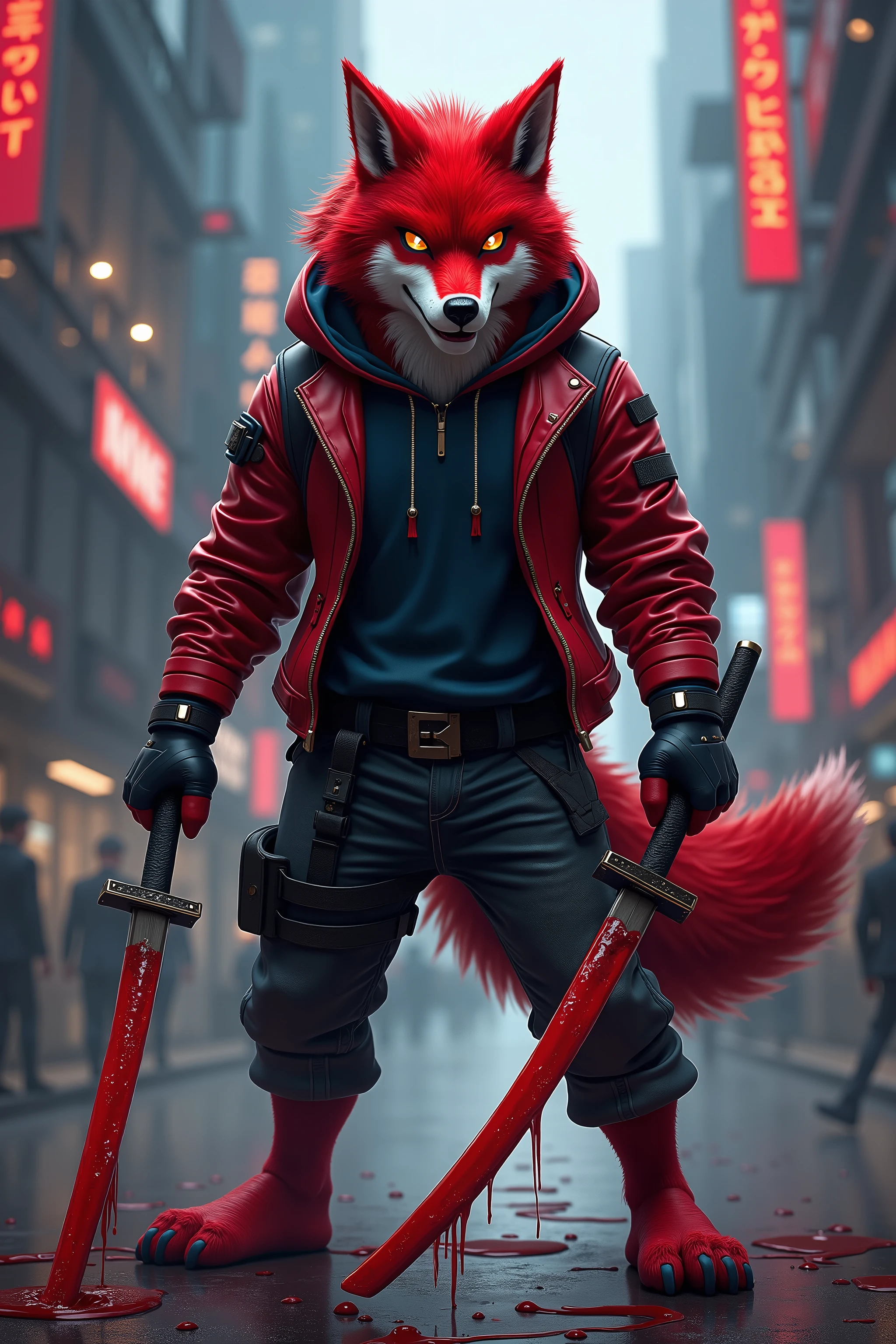 there is a wolf in a hoodie standing in front of a city, cyberpunk art inspired by Andreas Rocha, trending on cgsociety, furry art, an anthropomorphic cyberpunk fox, stylized urban fantasy artwork, furry wolf, anthropomorphic wolf, furry digital art, profile picture 1024px, furry character portrait, an anthropomorphic wolf, wolf color is rich red, the wolf has 2 katanas, there is one katana in each hand, both katanas have red blood dripping of off them, there is a puddle of blood on the city street, the wolf is angry, portrait style photo, hd, 4k