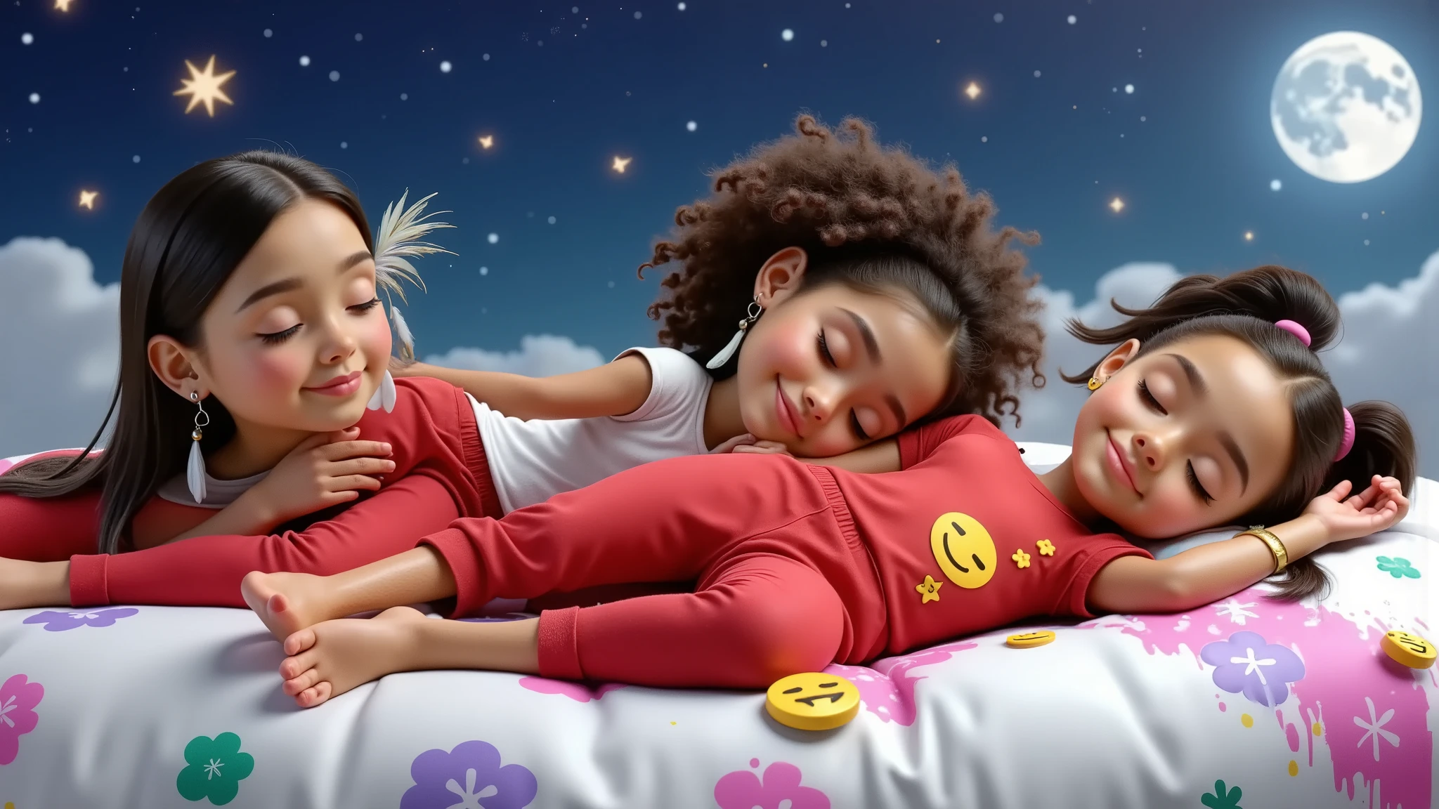 A 3D rendering of three Disney Pixar-style s sleeping in Christmas-themed pajamas. The pajamas are red with yellow emojis. The boy is in the center, between two girls who are using his chest as a pillow, the boy. The boy has very light brown curly hair and sun-tanned skin. On the left side we have a girl with straight black hair down to her waist and wearing a colorful feather earring, she is Brazilian Indian. The second girl has long black curly hair tied in two ponytails. The boy and the girls are beautiful, sensual, and seductive, they are certainly all sleeping peacefully, with their eyes closed with a slight smile and are leaning against each other. The background contains a bright star, a full moon and a sky full of stars. The babies are lying on white clouds. The image is high resolution and high quality.