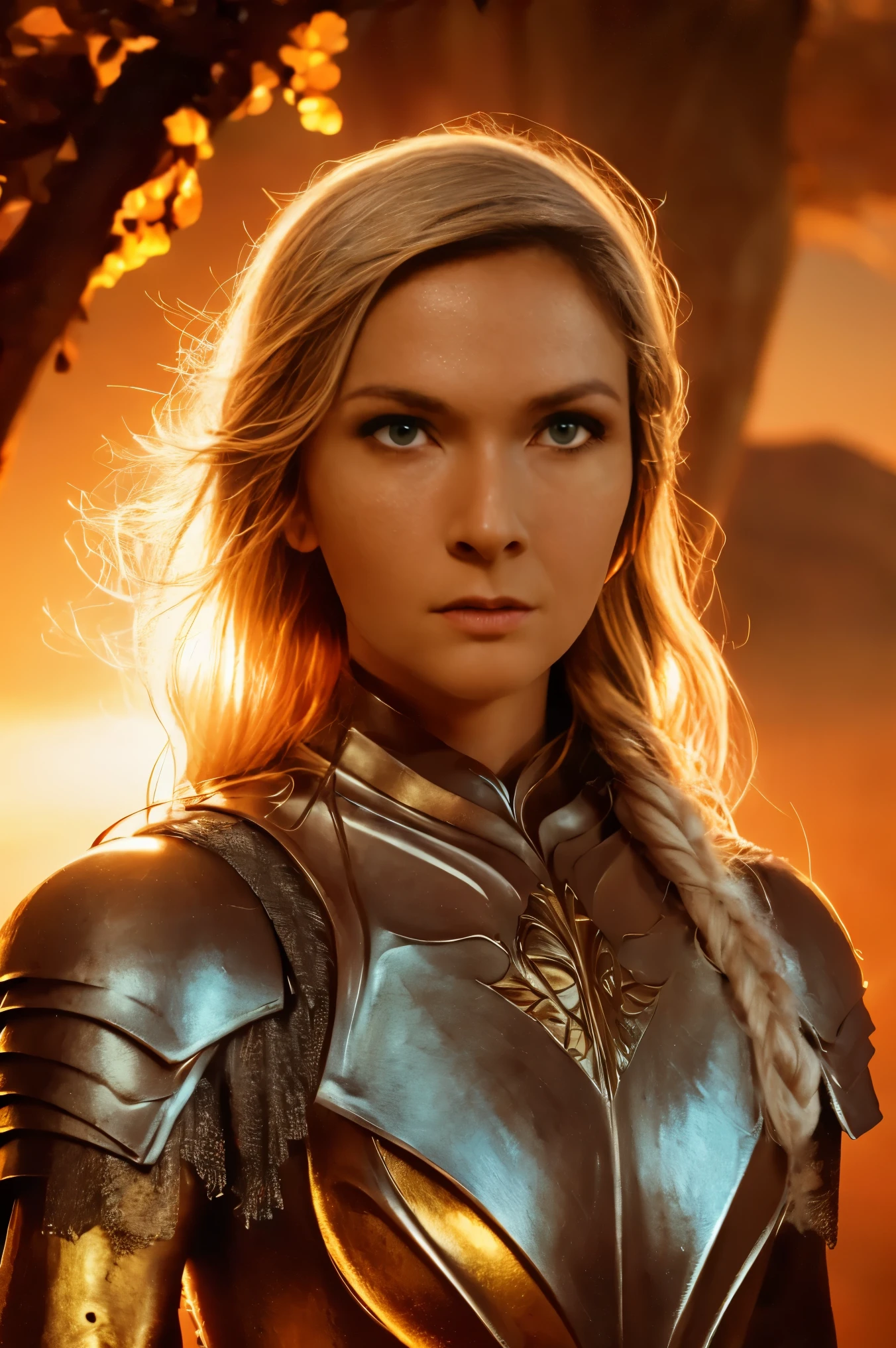 Galadriel, inspired by the series "The Rings of Power", (((L4L4 face))),  in a majestic pose at the center of the scene ,  wearing shimmering armor and elven details,  with its blond hair flowing under a golden light .  The background shows an epic landscape of golden Middle Earth ,  with distant mountains ,  dramatic sky and beams of heavenly light .  Determined expression and intense gaze ,  capturing your strength and wisdom .  Hyper-realistic details on the face and hands ,  metal texture of the highly detailed armor ,  skin illuminated with perfection ,  cinematic atmosphere , epic and glorious . natural light, 35mm photograph, film, professional, 4K, highly detailed, Golden hour lighting. Depth of field F2. Rule of Thirds Composition.
