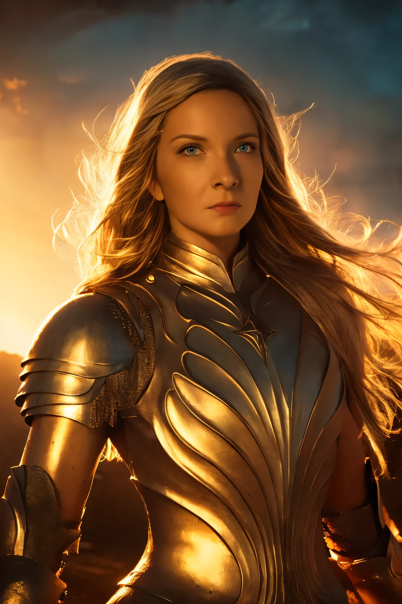 Galadriel, inspired by the series "The Rings of Power", (((L4L4 face))),  in a majestic pose at the center of the scene ,  wearing shimmering armor and elven details,  with its blond hair flowing under a golden light .  The background shows an epic landscape of golden Middle Earth ,  with distant mountains ,  dramatic sky and beams of heavenly light .  Determined expression and intense gaze ,  capturing your strength and wisdom .  Hyper-realistic details on the face and hands ,  metal texture of the highly detailed armor ,  skin illuminated with perfection ,  cinematic atmosphere , epic and glorious . natural light, 35mm photograph, film, professional, 4K, highly detailed, Golden hour lighting. Depth of field F2. Rule of Thirds Composition.
