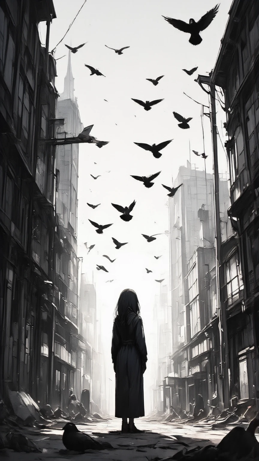 shadow of the girl standing, an unusual number of flying crows are covering the area dynamically and 3dimentionally. inspired by the Hitchcock's film\(The Birds\),simplism,minimalism