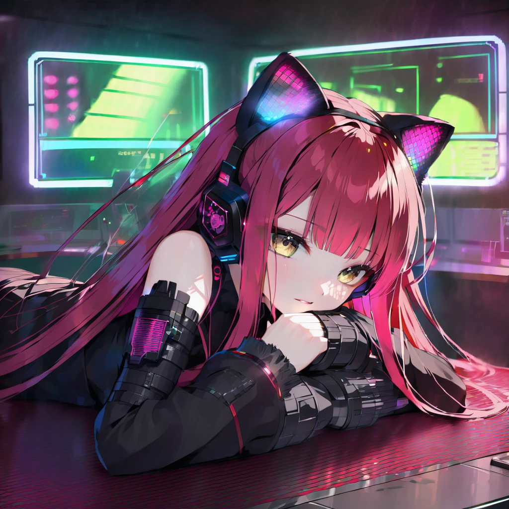 (8K, best quality, master piece:1.2),super high resolution,cyberpunk,absurdres,1 android girl,solo,14yo,ultra-detailed face,ultra-detailed eyes,,brown eyes,long hair,straight hair,red hair,cat ear headphones,(cyberpunk,lolita fashion:1.2),(lying face down:1.2),(through screen:1.5),seductive smile,looking at iewer,neon lights,indoors Cyberpunk Theater