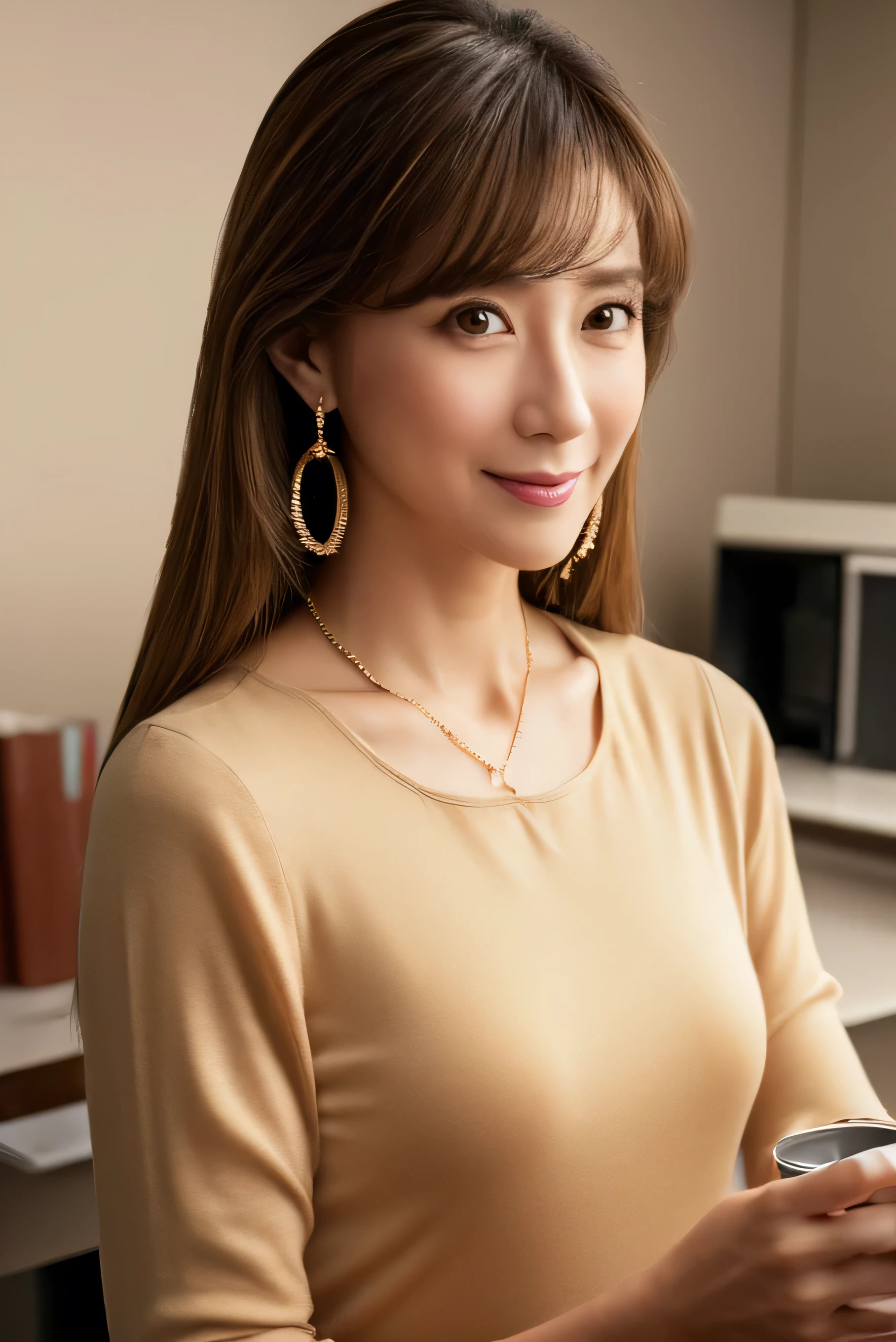 Erotic,selfie,tilted head,((realistic lighting, highest quality, 8ｋ, master piece: 1.3)), clear focus: 1.2, 1 milf(Rose), wide angle lens, medium breasts,cleavage,beauty of perfect figure: 1.4, ((dark brown hair, half updo)), (suit and jacket under shirt and pants: 1.4), (At the office: 1.8), super detailed face, fine eyes, smile、