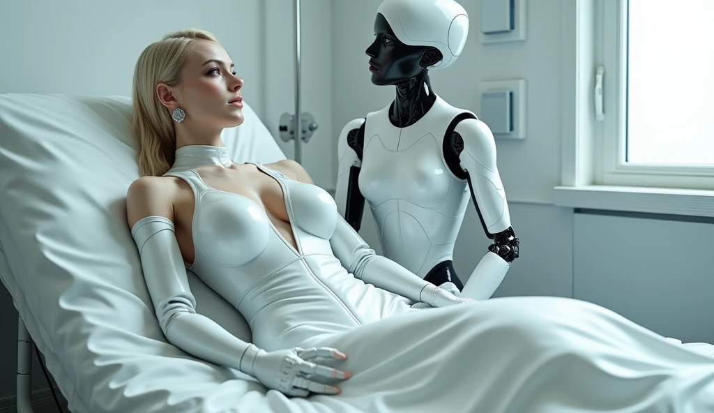 Tall slender robotic man with a white lab coat, giger, porcelain, gold inlay, coloured titanium outer skeleton Holding a towel for a naked woman as she gets out of the bath, futuristic, sultry, firm breasts, narrow hips