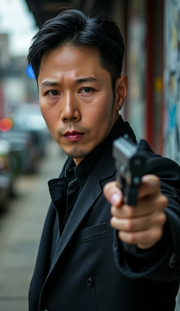 jojo, 37-year-old male, A very realistic and gritty photo of a very handsome Korean man with short, trendy hair, with a serious expression. He was tattooed, The environment is filled with graffiti, trash and an eerie atmosphere. The man holds a gun in his right hand, and the picture is taken with super bokeh and cinematic effects, featuring a high level of detail and HD quality, cinematic, photo Less, photo, cinematic, attractive mafia leader, yakuza, with a hot and introverted personality, high detail, detail eyes, hyper realistic, (photorealism:1.2), Black hair with gray Sporadic,