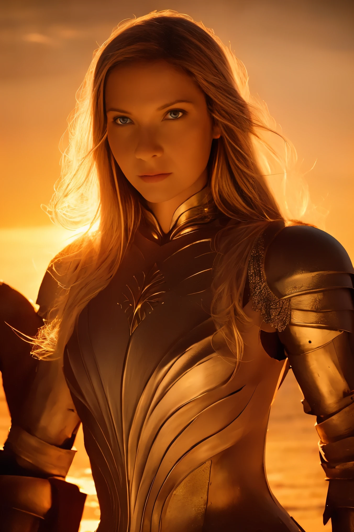 Galadriel, inspired by the series "The Rings of Power", (((L4L4 face))),  in a majestic pose at the center of the scene ,  wearing shimmering armor and elven details,  holding a sword .  Hyper-realistic details on the face and hands ,  metal texture of the highly detailed armor ,  skin illuminated with perfection ,  cinematic atmosphere , epic and glorious . natural light, 35mm photograph, film, professional, 4K, highly detailed, Golden hour lighting. Depth of field F2. Rule of Thirds Composition.
