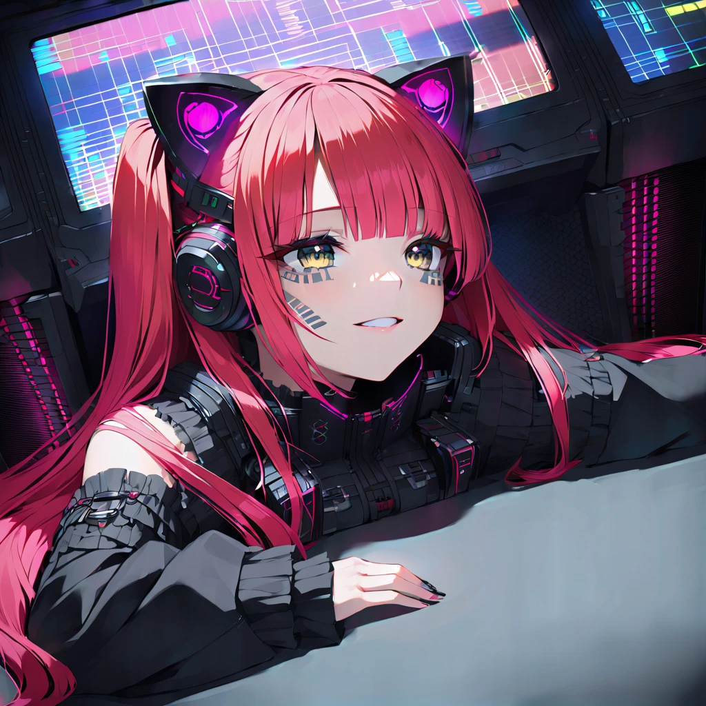 (8K, best quality, master piece:1.2),super high resolution,cyberpunk,absurdres,1 android girl,solo,yo,ultra-detailed face,ultra-detailed eyes,,brown eyes,long hair,straight hair,red hair,cat ear headphones,(cyberpunk,lolita fashion:1.2),(lying face down:1.2),(through screen:1.5),seductive smile,looking at iewer,neon lights,indoors Cyberpunk Theater